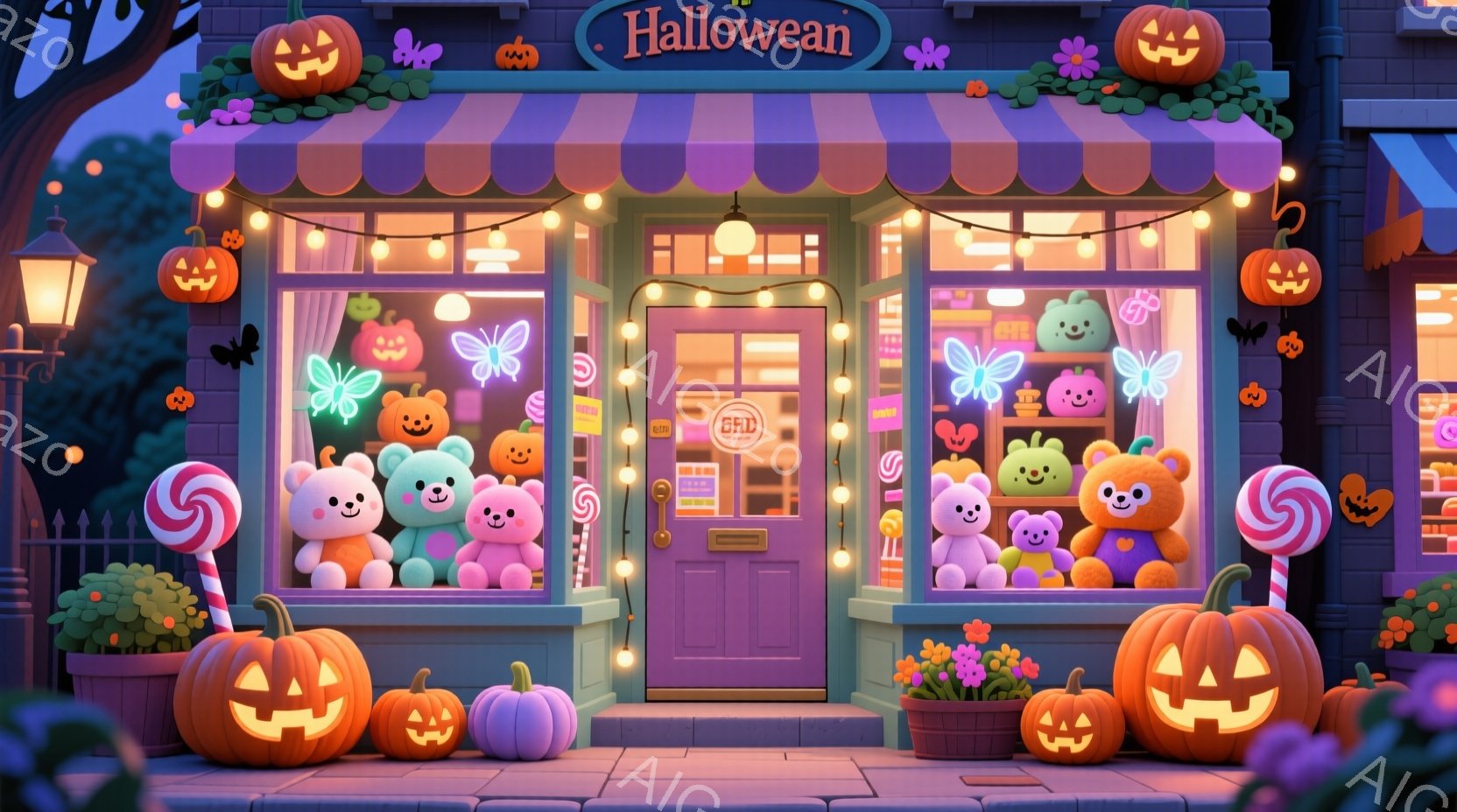 ハロウィーンの装飾が施された可愛らしいお店の外観です。ショーウィンドウには、ピンク色のふわふわしたぬいぐるみやキャンディー、カボチャが飾られており、窓の上には「HALLOWEEN」と書かれた看板があります。お店の周りには、様々なカボチャのランタンや花が置かれ、可愛らしく、お祭り気分を盛り上げる雰囲気です。
