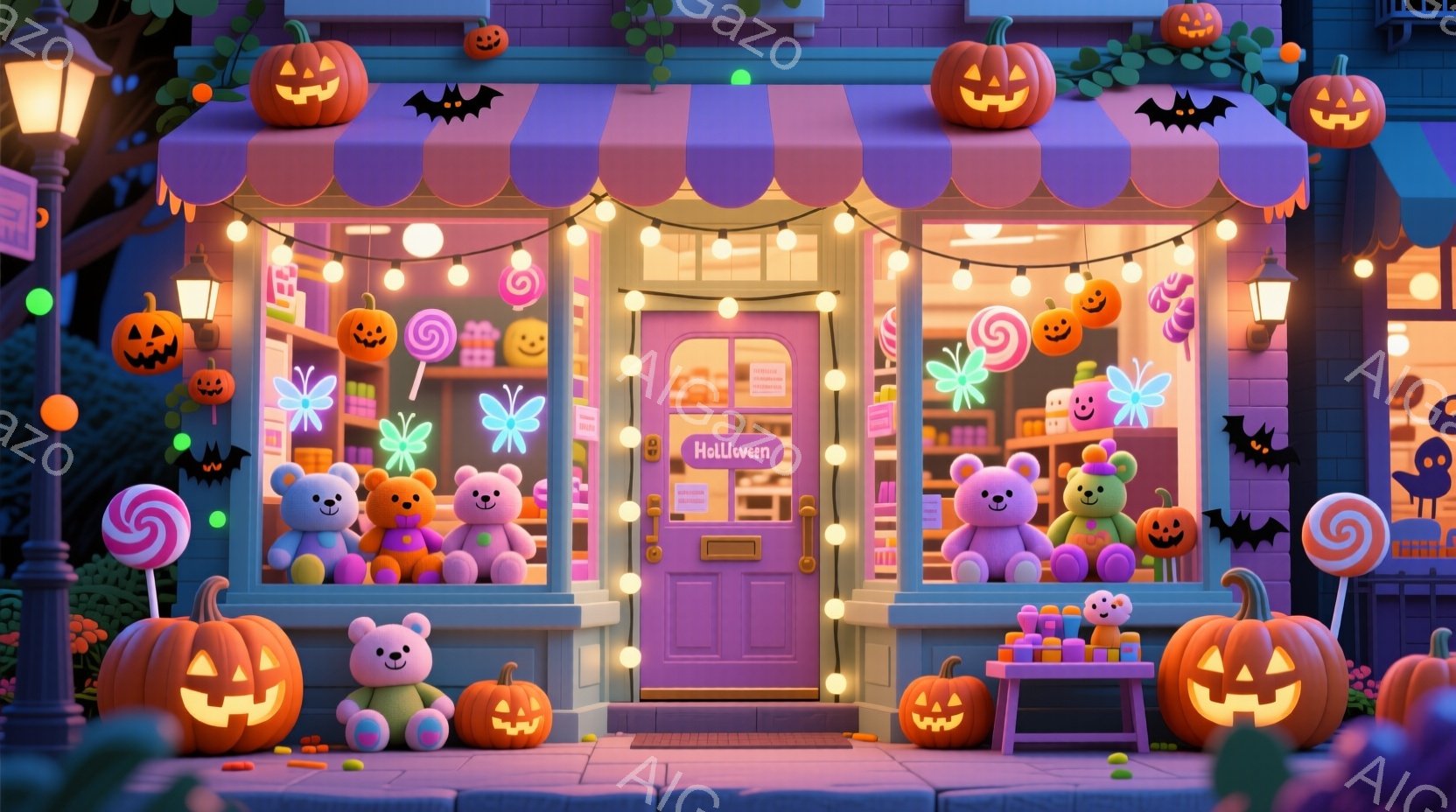 ハロウィーンをテーマにした可愛らしいお店が描かれています。紫色の建物は、かぼちゃのランタンやコウモリの飾りで彩られ、カラフルなキャンディーやぬいぐるみがショーウィンドウに並んでいます。全体的に、明るく楽しいお祭りの雰囲気が漂っています。