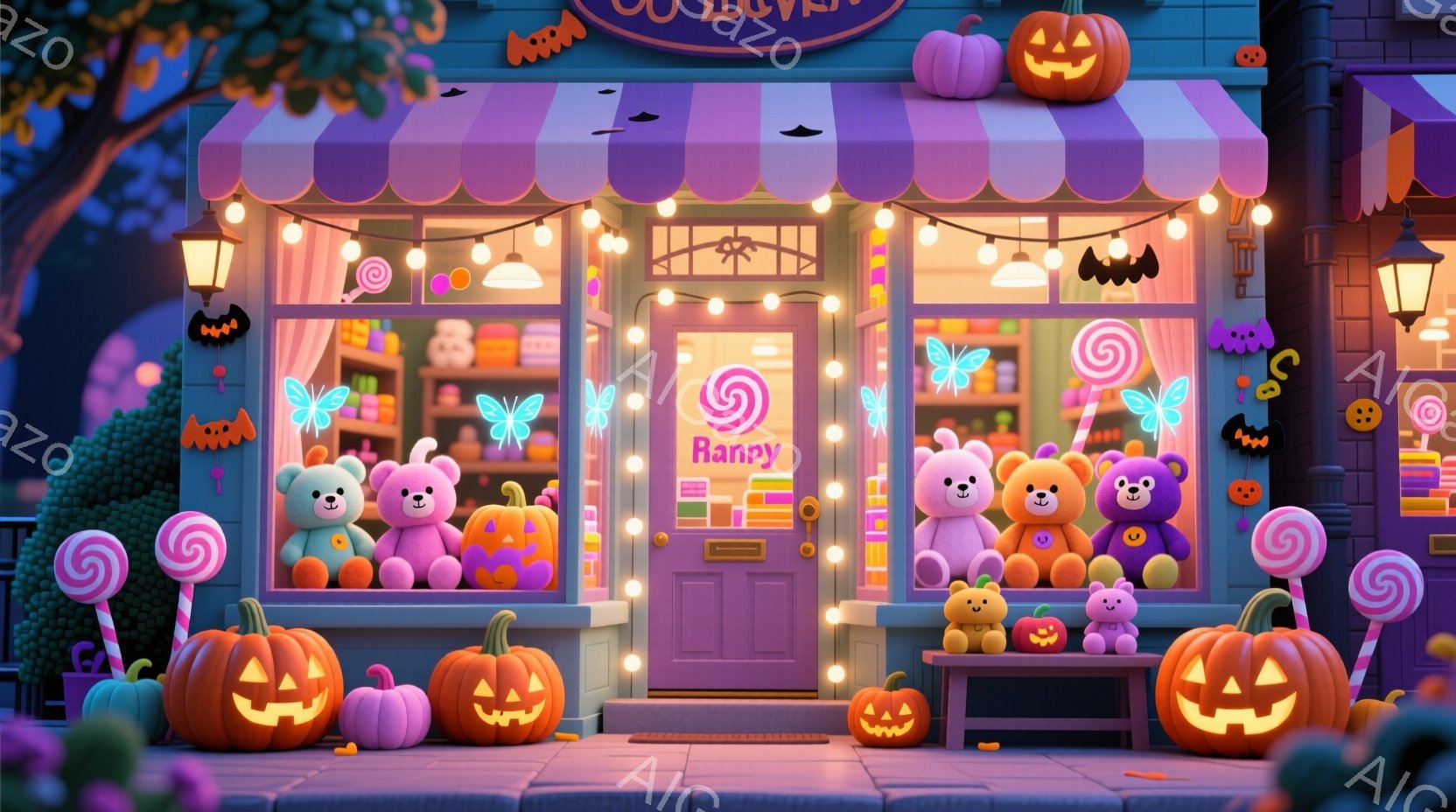 ハロウィーンをテーマにしたお菓子の店が描かれており、紫色の装飾とオレンジ色のカボチャが特徴的です。店内には、可愛らしいテディベアの人形が並べられ、お菓子やキャンディーが色鮮やかに陳列されています。背景には、ハロウィーンの装飾が施された建物や植物が見え、お祝いムードを盛り上げています。