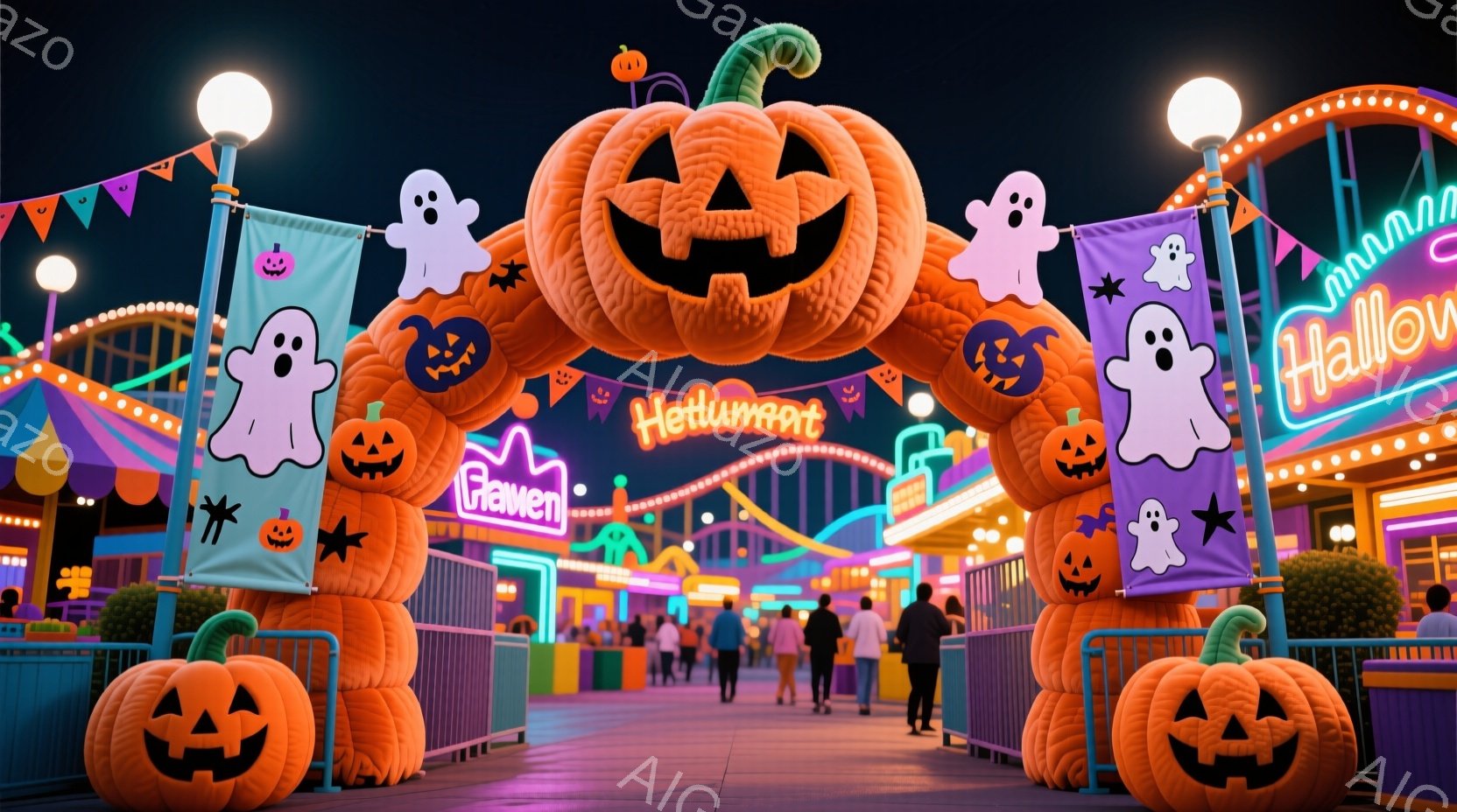 ハロウィーンのテーマパークの入り口が描かれています。大きなカボチャのアーチと、お化けの旗が飾られ、背景にはジェットコースターや賑やかな光が灯る建物が見えます。人々は様々な服装で楽しそうに歩き回っており、全体的に明るく、お祭り気分を盛り上げる雰囲気です。