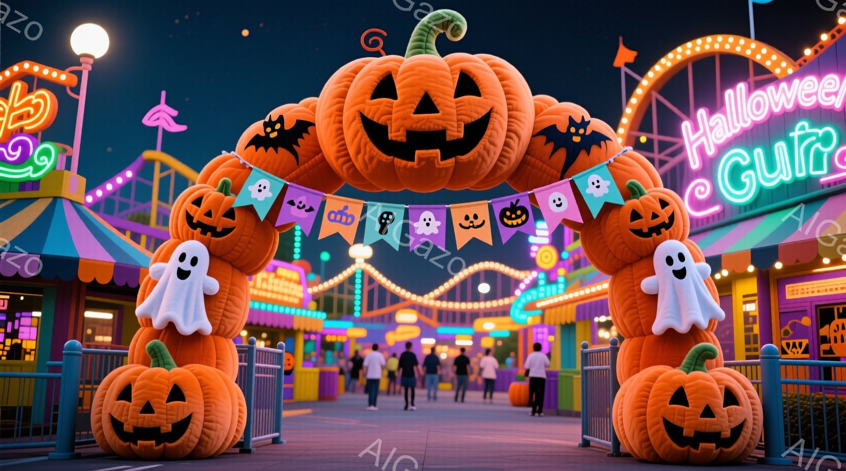 ハロウィーンをテーマにした遊園地の入り口が描かれています。大きなカボチャと幽霊の飾り付けがアーチ状に並び、カラフルな提灯と光の装飾が夜空を彩っています。人々は遊園地内を歩き回っており、背景にはジェット - AI生成フリー素材