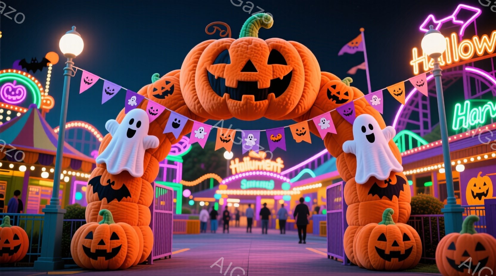 ハロウィーンの入り口が描かれており、大きなカボチャと幽霊の装飾が施されたアーチが特徴的です。背景には、遊園地の乗り物や楽しそうに歩く人々が見え、紫とピンクの照明が幻想的な雰囲気を醸し出しています。人々 - AI生成フリー素材