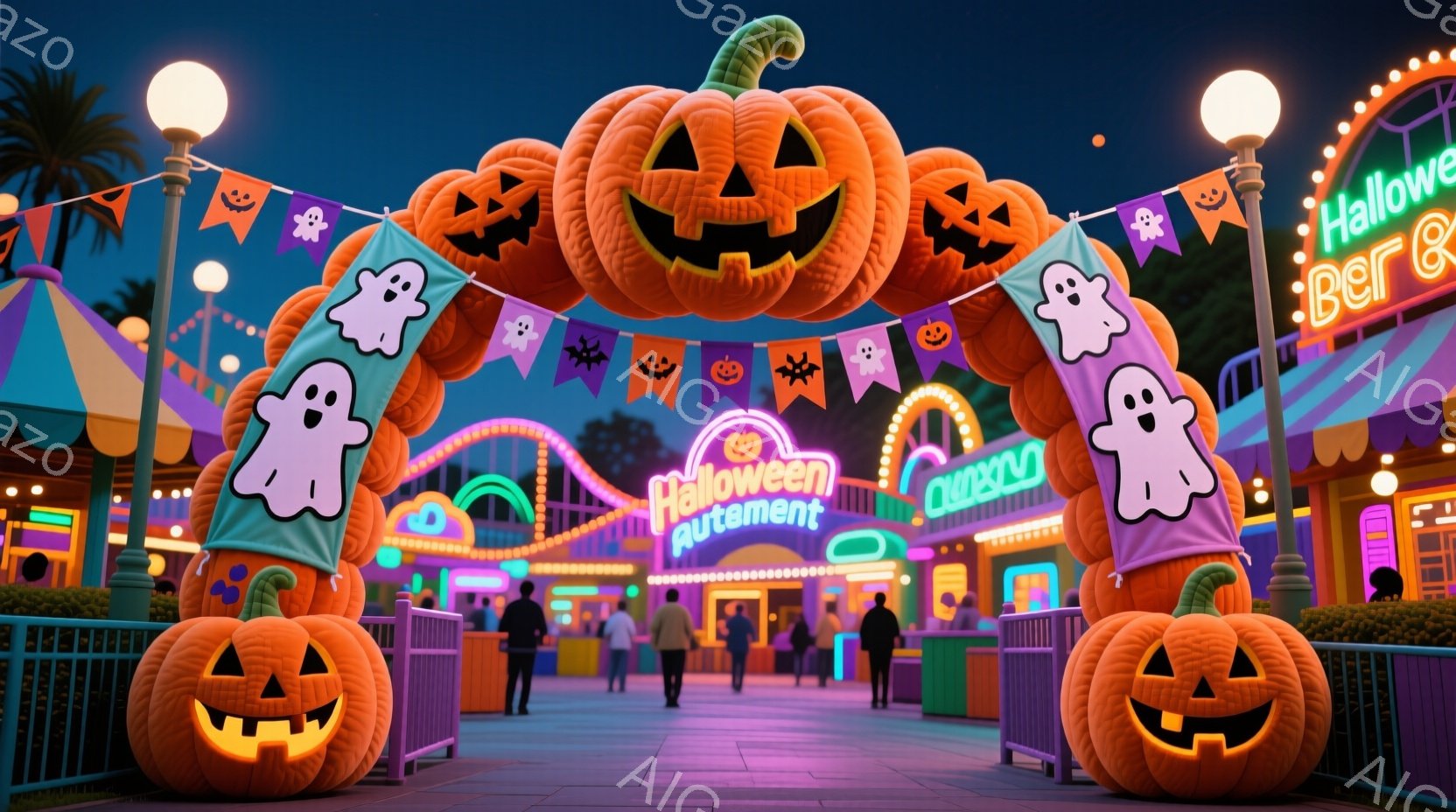 夜の遊園地には、ハロウィーンの装飾が施されたゲートとカボチャのオブジェが並び、ピンクと紫の光に照らされています。人々はゲートの下を歩いており、カジュアルな服装で楽しんでいる様子が伺えます。背景には、ハ - AI生成フリー素材