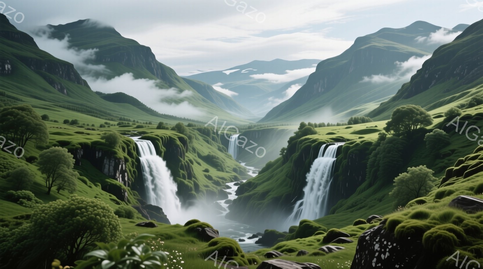 巨大な城への入り口には、カボチャの衣装を着た二体の番人が立っており、それぞれ手に杖を持っています。城への道は石畳で、両側に明かりが灯されたランタンが並び、ハロウィーンの飾り付けが施された旗が城壁に吊るされています。背景には夕焼け空と城のシルエットが見え、全体的に幻想的で祝祭的な雰囲気が漂っています。