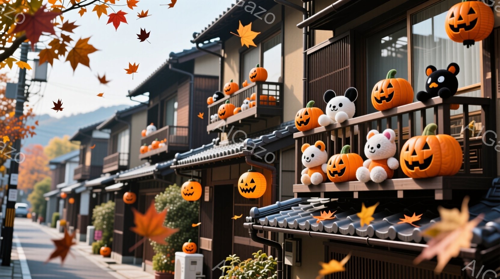 古都の並びに、ハロウィーンの飾り付けが施された可愛らしい街並みが見られます。軒先に並んだジャック・オー・ランタンや動物のぬいぐるみは、秋の暖かい日差しの中で微笑みを誘います。背景には伝統的な建物と自然が広がり、穏やかで温かい雰囲気を醸し出しています。