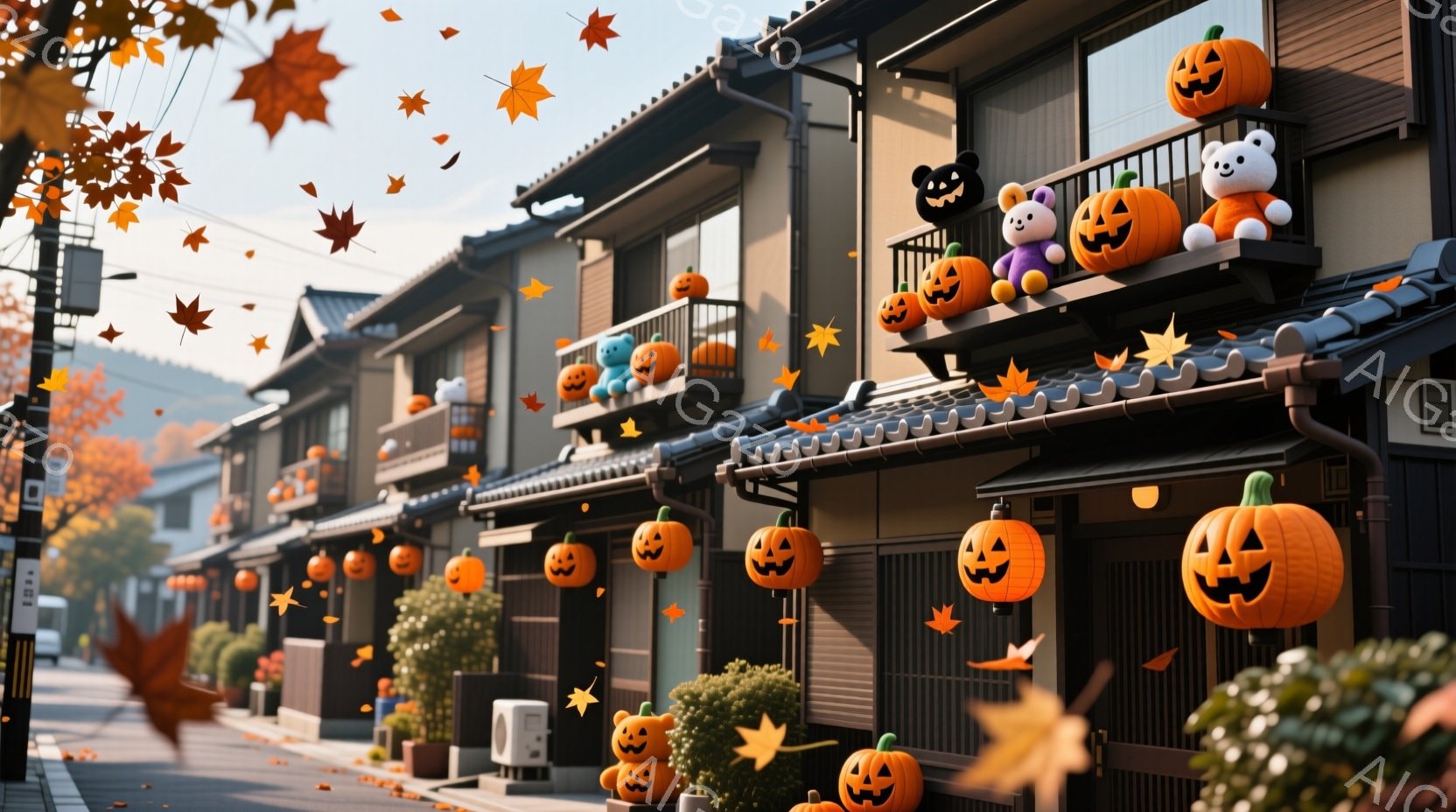 秋の晴れた日に、古い町並みがハロウィンの装飾で賑わっている様子が描かれている。各家の軒先に、様々な大きさのジャック・オー・ランタンと可愛らしいお化けの人形が飾られ、落ち葉が舞い散る風情ある光景が印象的だ。古い建物とハロウィンの装飾の組み合わせが、ノスタルジックで温かい雰囲気を醸し出している。