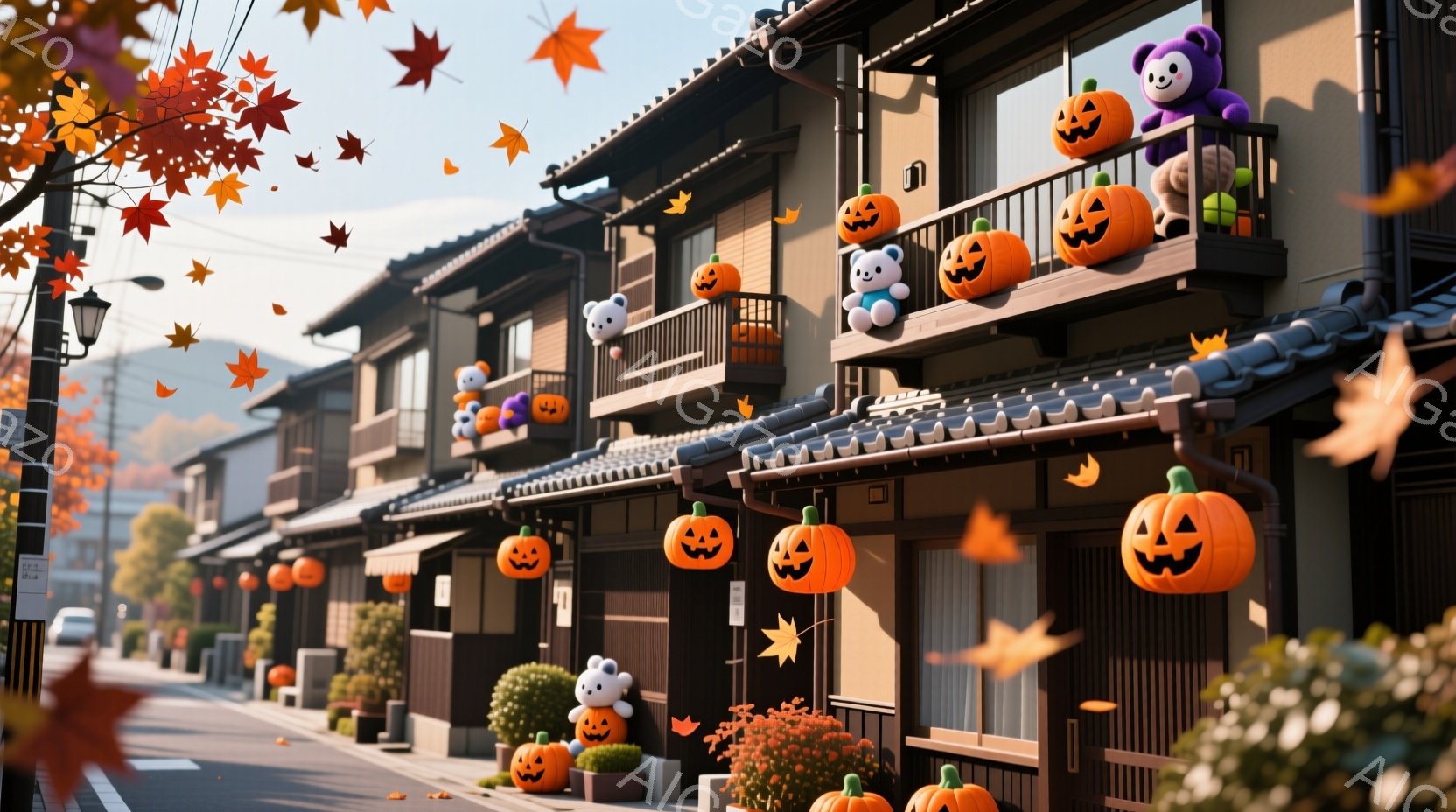 街並みがハロウィーンの装飾で彩られています。伝統的な日本家屋が軒を連ね、各家庭の庭やベランダには、可愛らしいジャック・オー・ランタンや抱き枕のようなキャラクターが飾られています。落ち葉が舞い散る晴れた空の下、秋の温かく、お祭り気分満載の雰囲気が感じられます。
