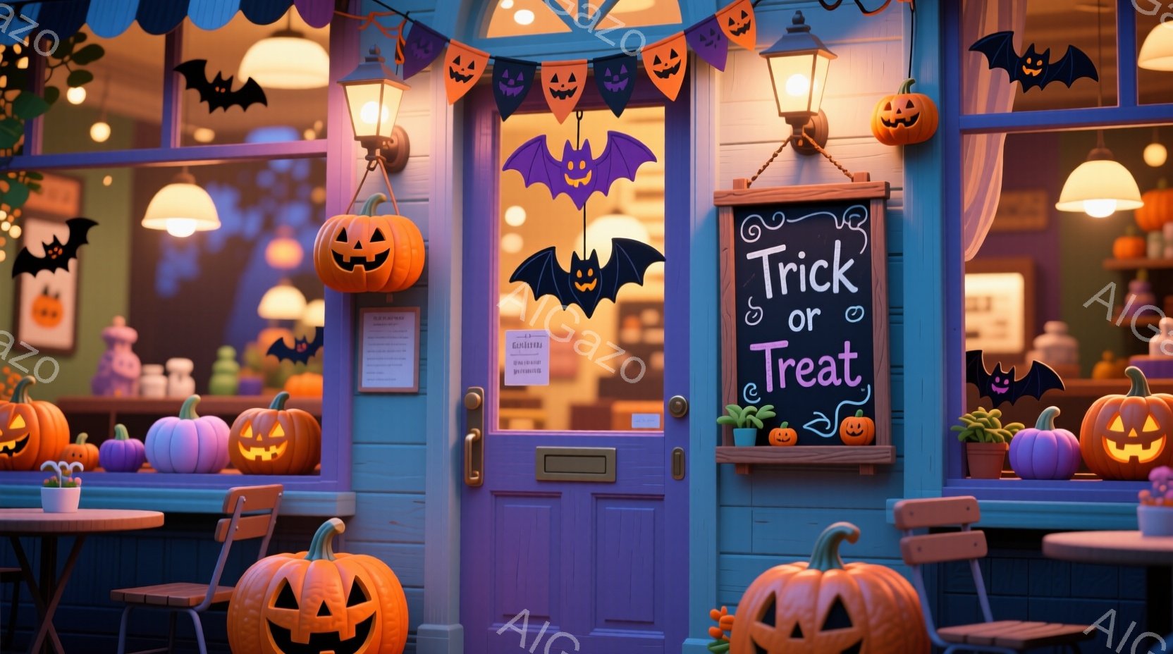 ハロウィーンの装飾が施されたカフェの外観で、紫色の建物にオレンジ色のカボチャが所狭しと並べられています。入り口のドアは開き、内側に暖かな光が漏れ、テーブルと椅子が配置されています。背景には、ハロウィー - AI生成フリー素材