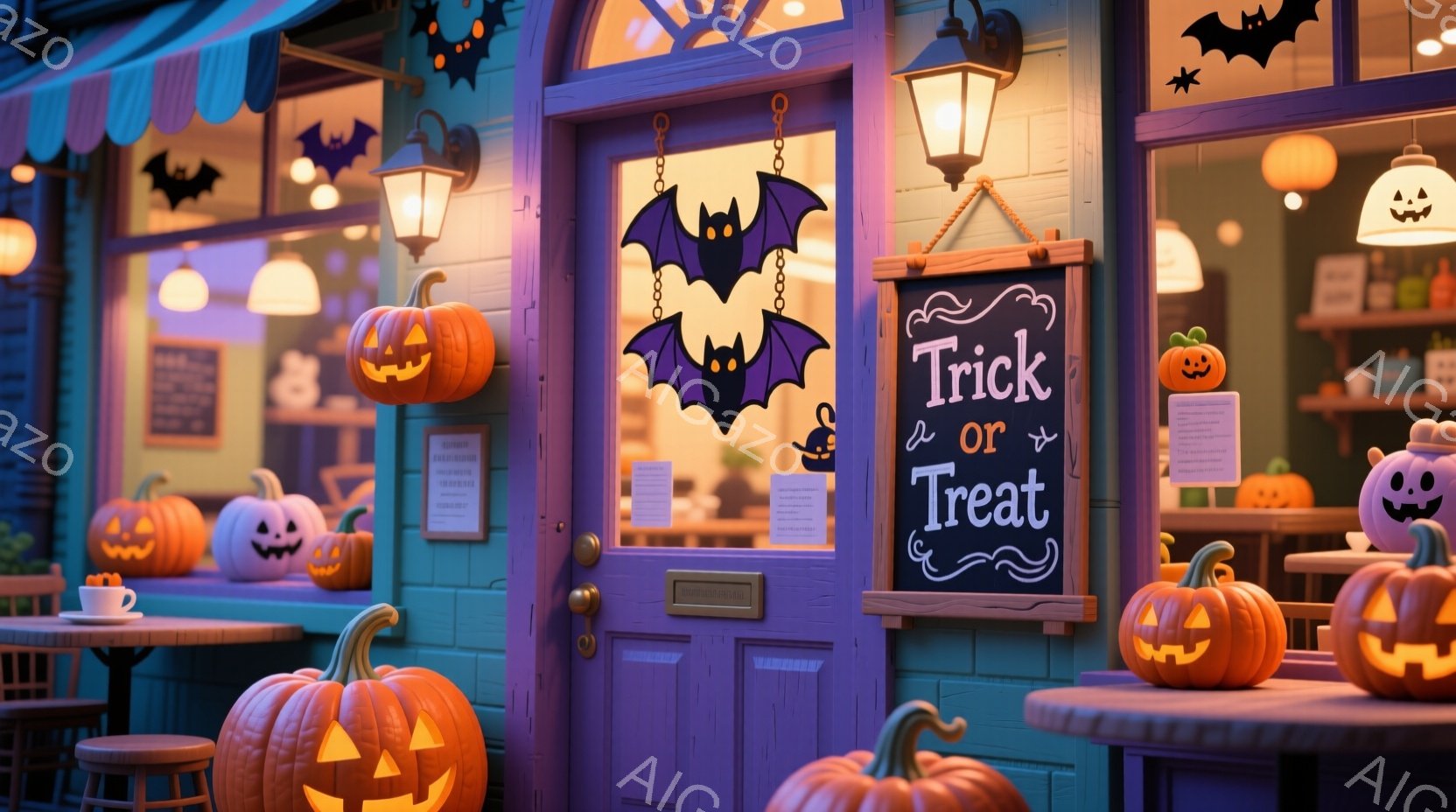 紫色の建物がハロウィーンの装飾で彩られています。入り口の周りには、様々な大きさのジャック・オー・ランタンが置かれ、壁にはコウモリのガーランドが飾られています。暖色の照明が窓から漏れ、お祝いムードを醸し出しており、全体的に可愛らしく幻想的な雰囲気です。
