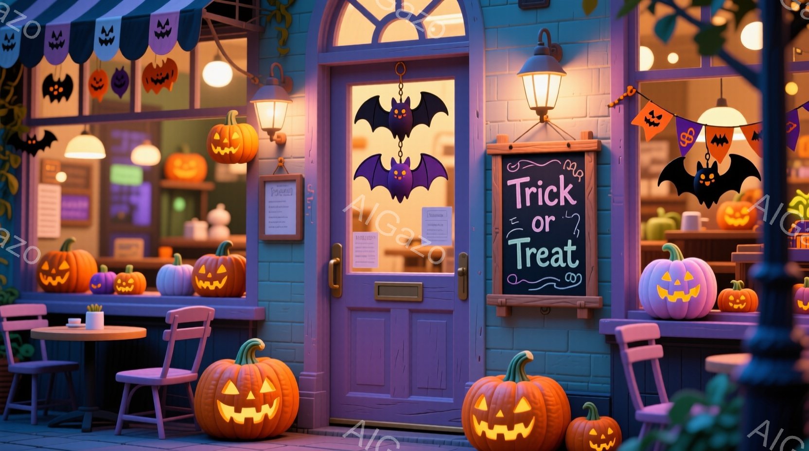 ハロウィーンの装飾が施されたカフェの外観で、様々な大きさのジャック・オー・ランタンが店の前や周囲に置かれています。紫色の建物と暖色の照明が、お祭り気分を盛り上げ、背景には暗い夜空と葉っぱの茂みが見えま - AI生成フリー素材