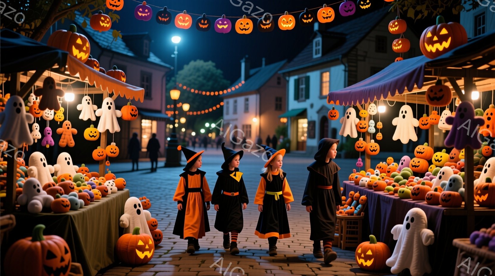 ハロウィーンの衣装を着た4人の子供たちが、装飾された市場を歩いている。彼らはそれぞれ黒い魔女帽をかぶり、黒いローブのような服を着ており、オレンジ色の帯でウエストが結ばれている。背景には、オレンジ色のラ - AI生成フリー素材