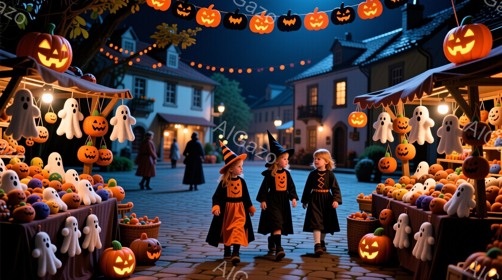 ハロウィーンの夜、魔女帽子をかぶった少女とオレンジ色の衣装を着た少女が、装飾が施された市場を歩いている。背景には、ライトアップされた建物が並び、ハロウィーンのランタンや幽霊の飾り付けが市場を彩っている - AI生成フリー素材