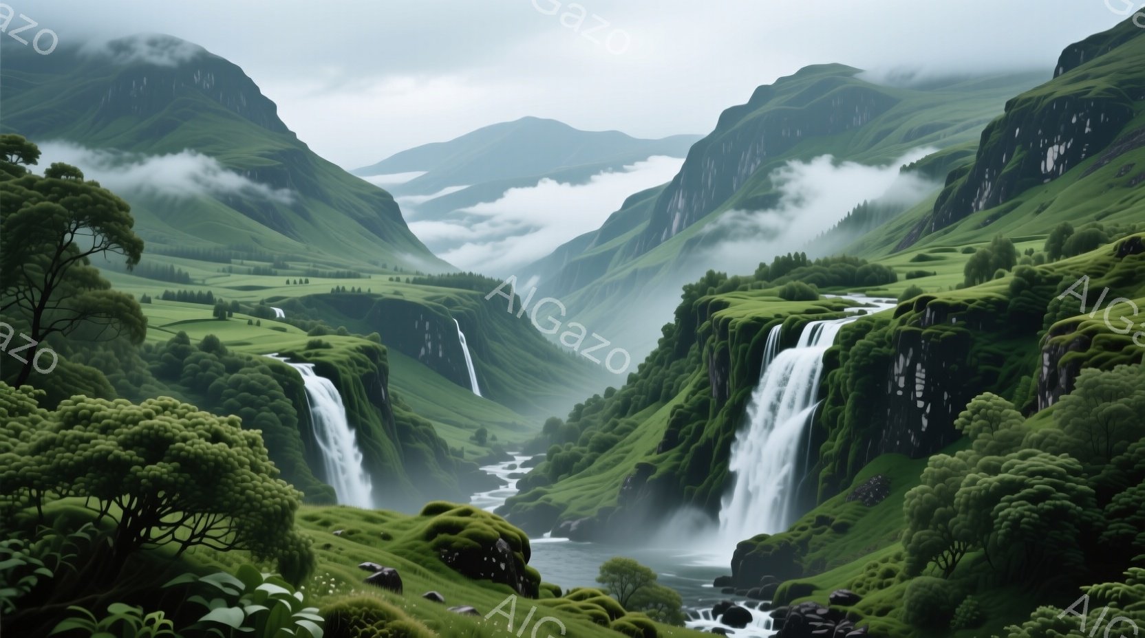 鮮やかな緑に覆われた深い渓谷が広がり、複数の滝が白い流れとなって降り注いでいる。霧が立ち込め、遠くの山々をぼんやりと覆い隠し、神秘的な雰囲気を醸し出している。全体的に静寂と自然の美しさが際立つ、穏やかで幻想的な風景である。