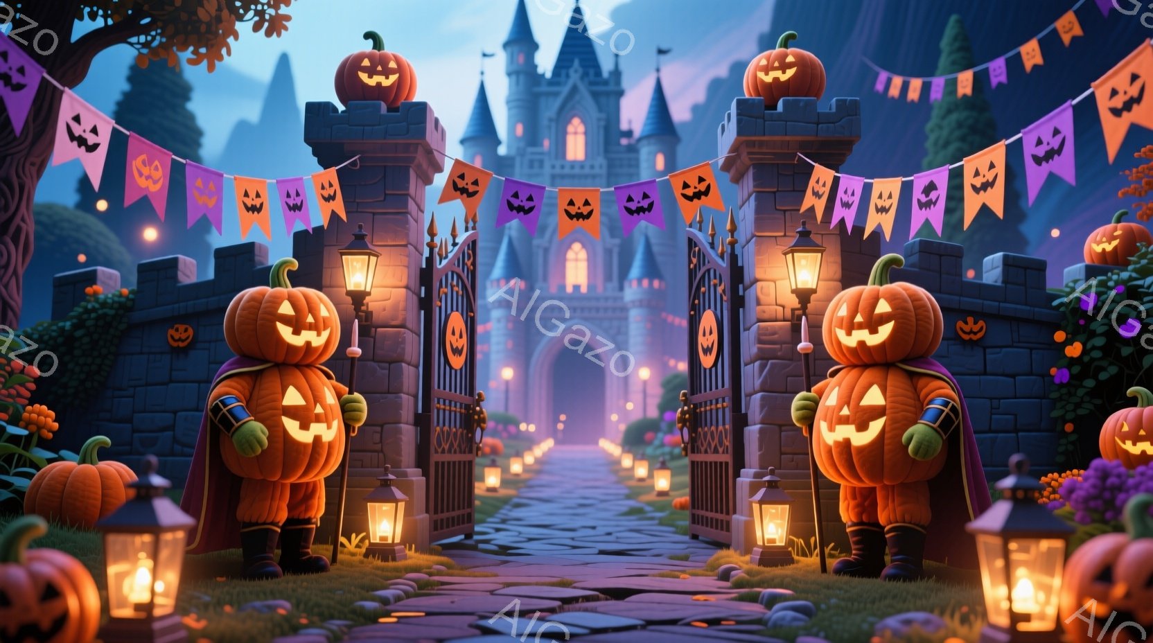 石造りの門の両側に、大きなカボチャの頭を持つ二体の人影が立っている。彼らはオレンジ色の服と紫色のマントを着ており、それぞれが楽しげな笑みを浮かべている。背景には、ハロウィーンの旗が飾られたお城が見え、 - AI生成フリー素材