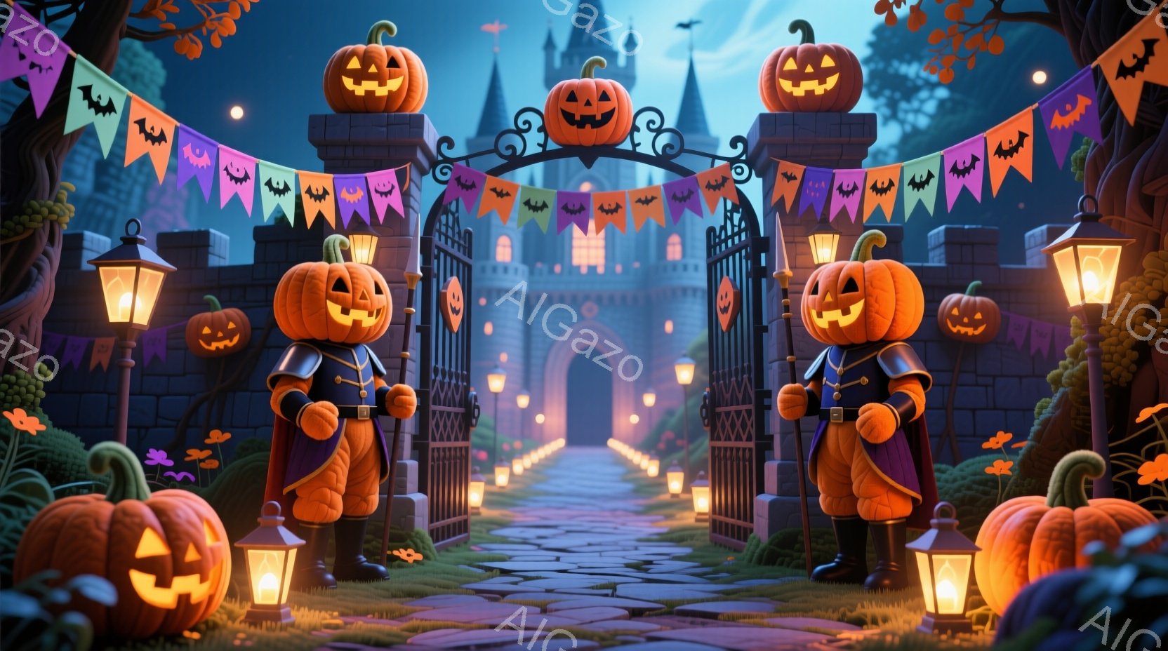 ハロウィーンの夜を思わせる、お城への入り口が描かれています。両脇にはカボチャのランタンと、制服を着た番人が立っており、赤いマントを羽織っています。背景にはお城がそびえ立ち、オレンジと紫のハロウィーンの旗が飾られ、全体的に幻想的で楽しい雰囲気です。
