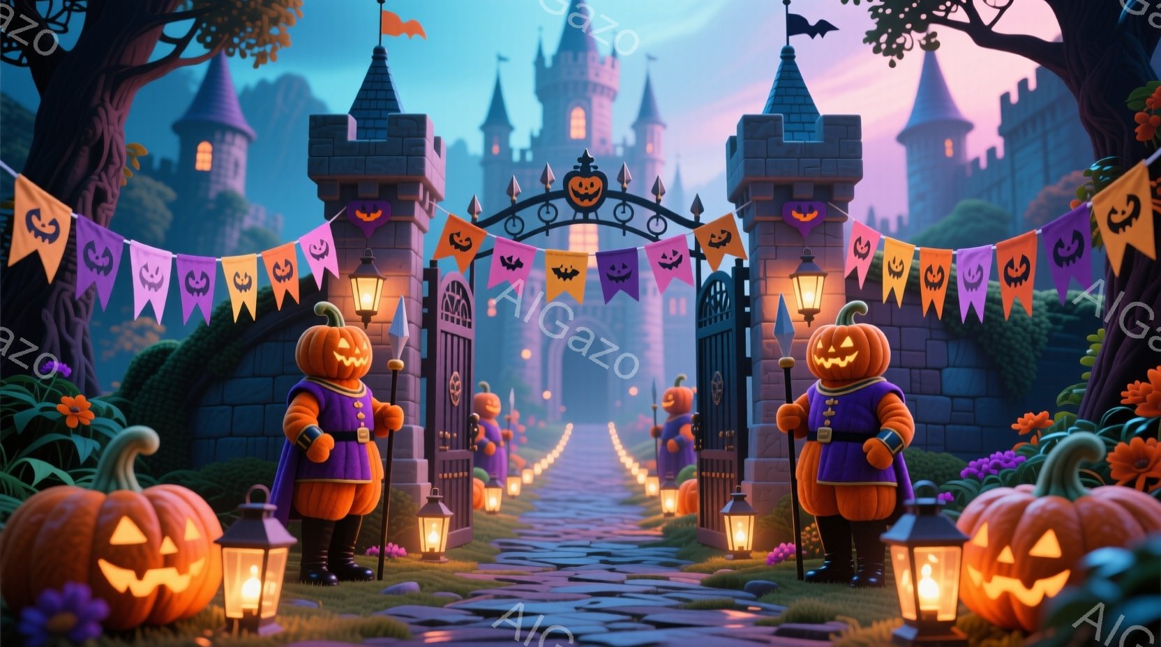 巨大な城門の前に、カボチャの頭を持つ兵士が二人立っている。紫色の制服を着て、ボタンが並び、真剣な表情で門を守っている。背景には、ハロウィーンの旗やランタンが並び、石畳の道が城へと続いている。 - AI生成フリー素材