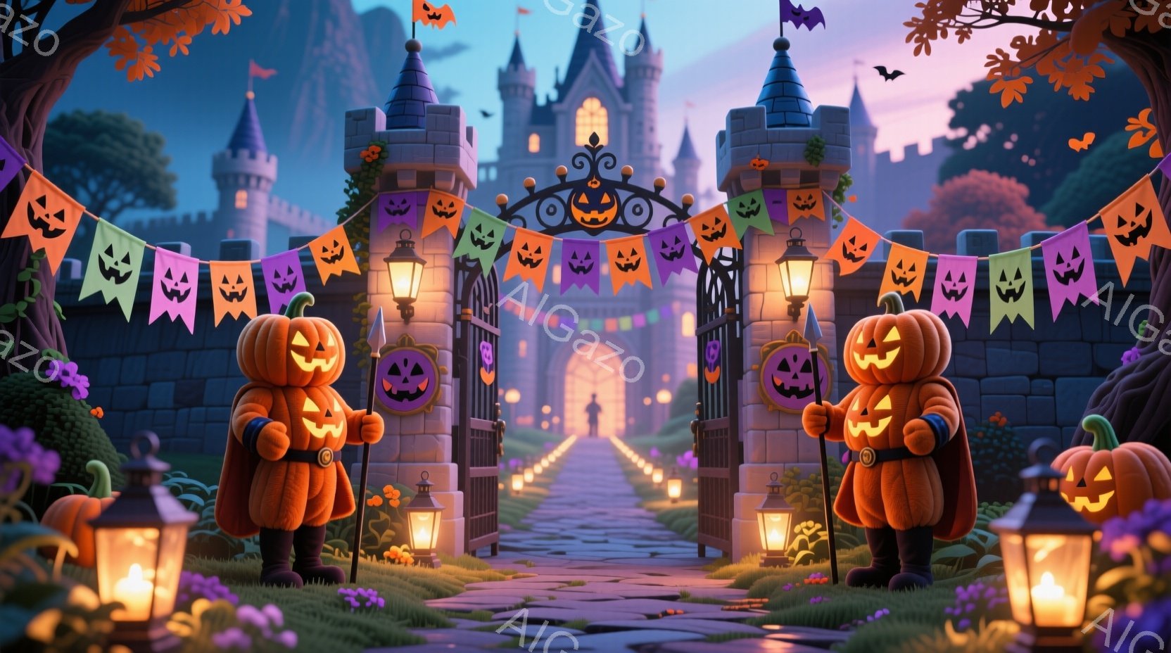 ハロウィーンを祝うような雰囲気の画像で、お城への入り口にカボチャの姿をした警備兵が立っている。道は石畳で、両側にランタンが並び、ハロウィーンの旗が飾られ、お城は夕暮れ時の空の下にそびえ立っている。全体的に、幻想的で祝祭的な雰囲気が漂っている。