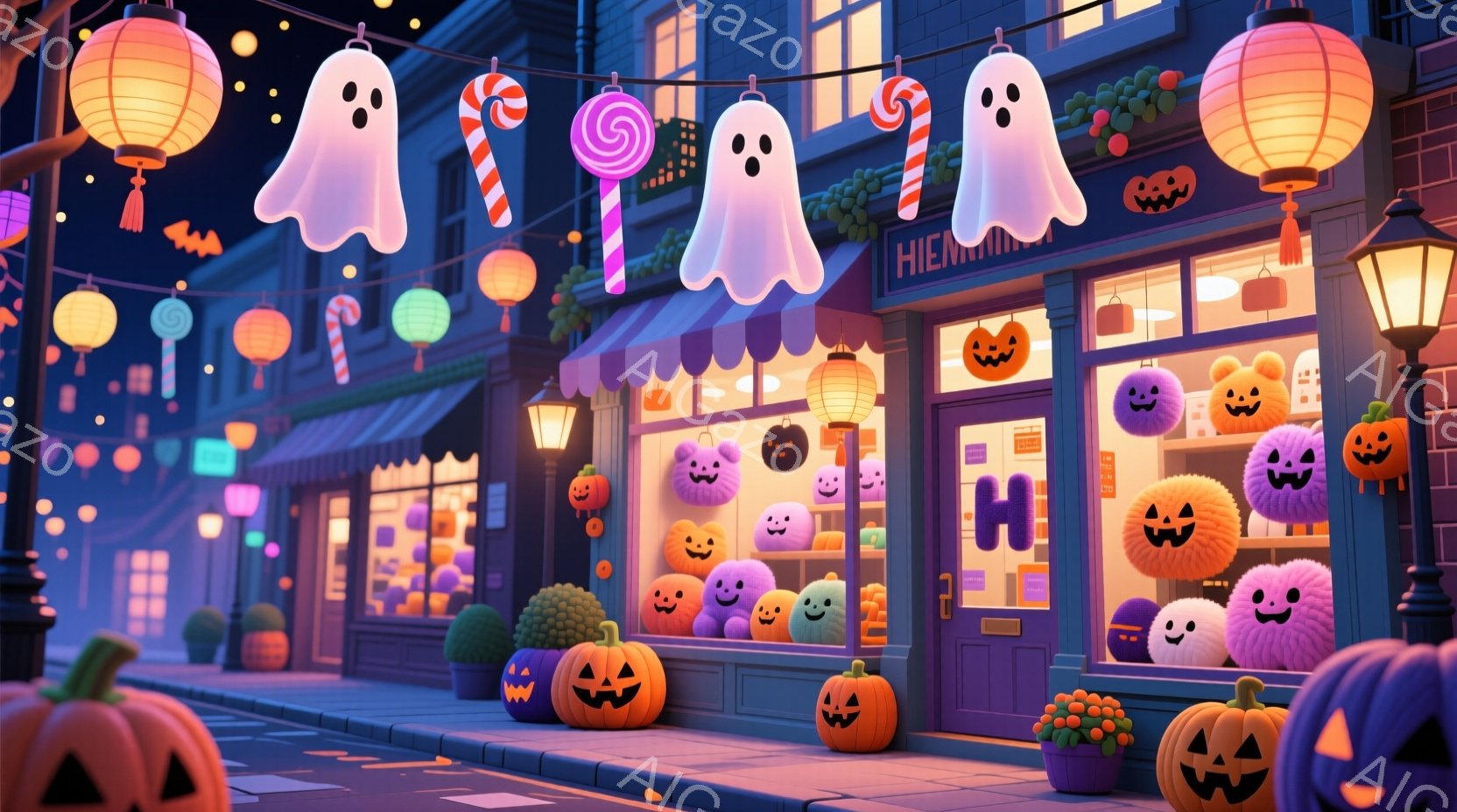 ハローウィーンの夜を舞台にした、可愛らしい街並みが描かれている。店先にはカボチャやお化けの飾り付けがされ、カラフルなキャンディやランタンが吊るされている。全体的に暖かく、お祭り気分で満ち溢れた、楽しい - AI生成フリー素材