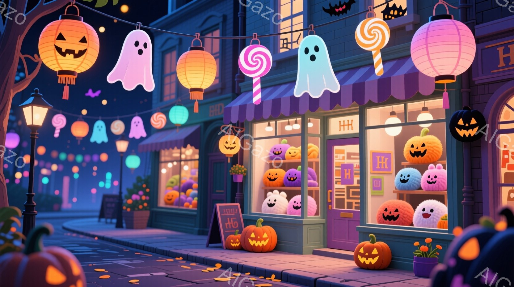 ハロウィーンの夜の賑やかな通りが描かれています。可愛らしいお化けやカボチャのランタンが飾られたお店が並び、温かい光が灯っています。背景には、紫とオレンジ色の建物が並び、お祝いの雰囲気を高めています。 - AI生成フリー素材