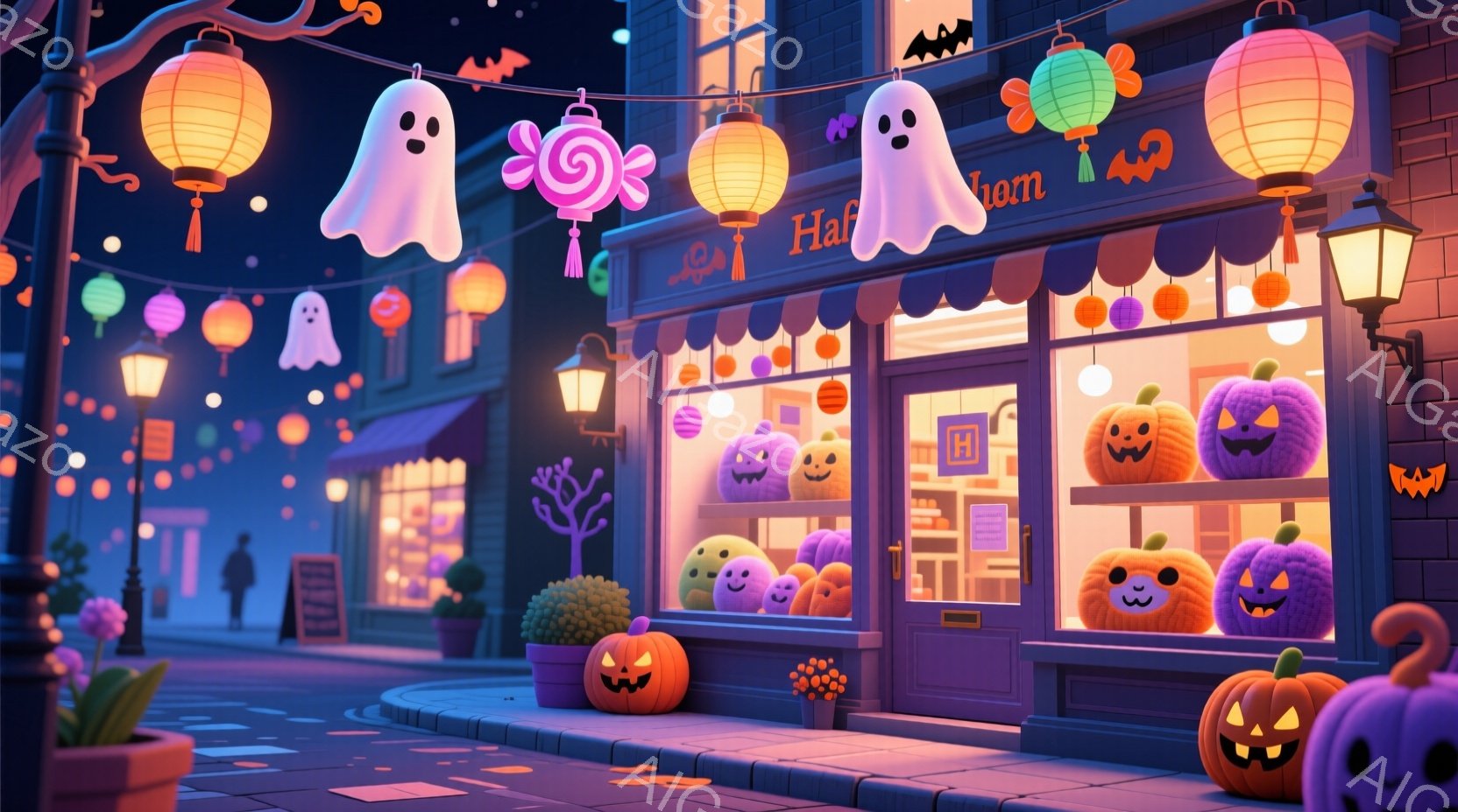ハロウィーンの夜の賑やかな通りが描かれています。店先には、さまざまな表情をした可愛らしいジャック・オ・ランタンやハロウィーンのお菓子が並び、カラフルな提灯とバットの飾り付けが夜空を彩っています。建物は - AI生成フリー素材