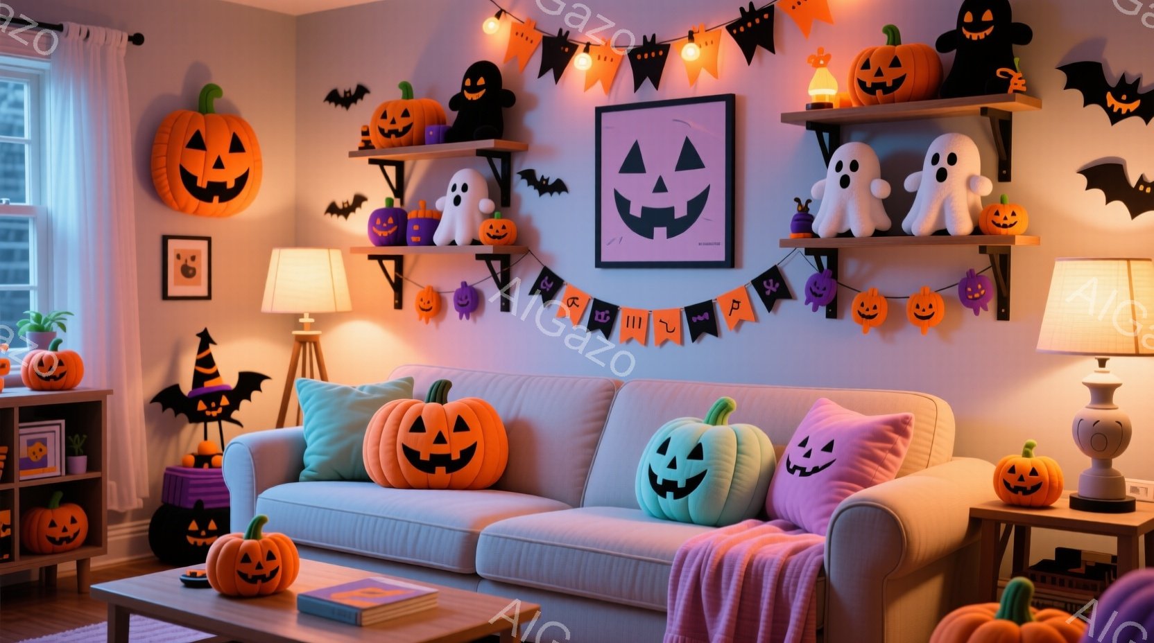 ハロウィーンの装飾が施されたリビングルームで、オレンジ、紫、白のカラフルなカボチャのクッションが置かれた白いソファが中央にあります。壁にはカボチャや幽霊の飾り、ハロウィーンをテーマにしたガーランドがあ - AI生成フリー素材
