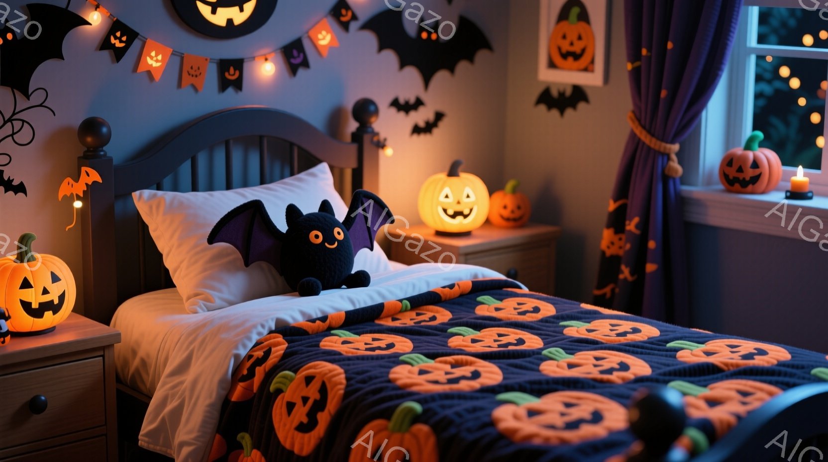 ハロウィーンをテーマにした子供部屋で、オレンジと黒の配色が印象的です。ベッドにはカボチャ柄のブランケットが掛けられ、ヘッドボードには可愛い黒いコウモリのぬいぐるみが置かれています。背景には、カボチャの - AI生成フリー素材