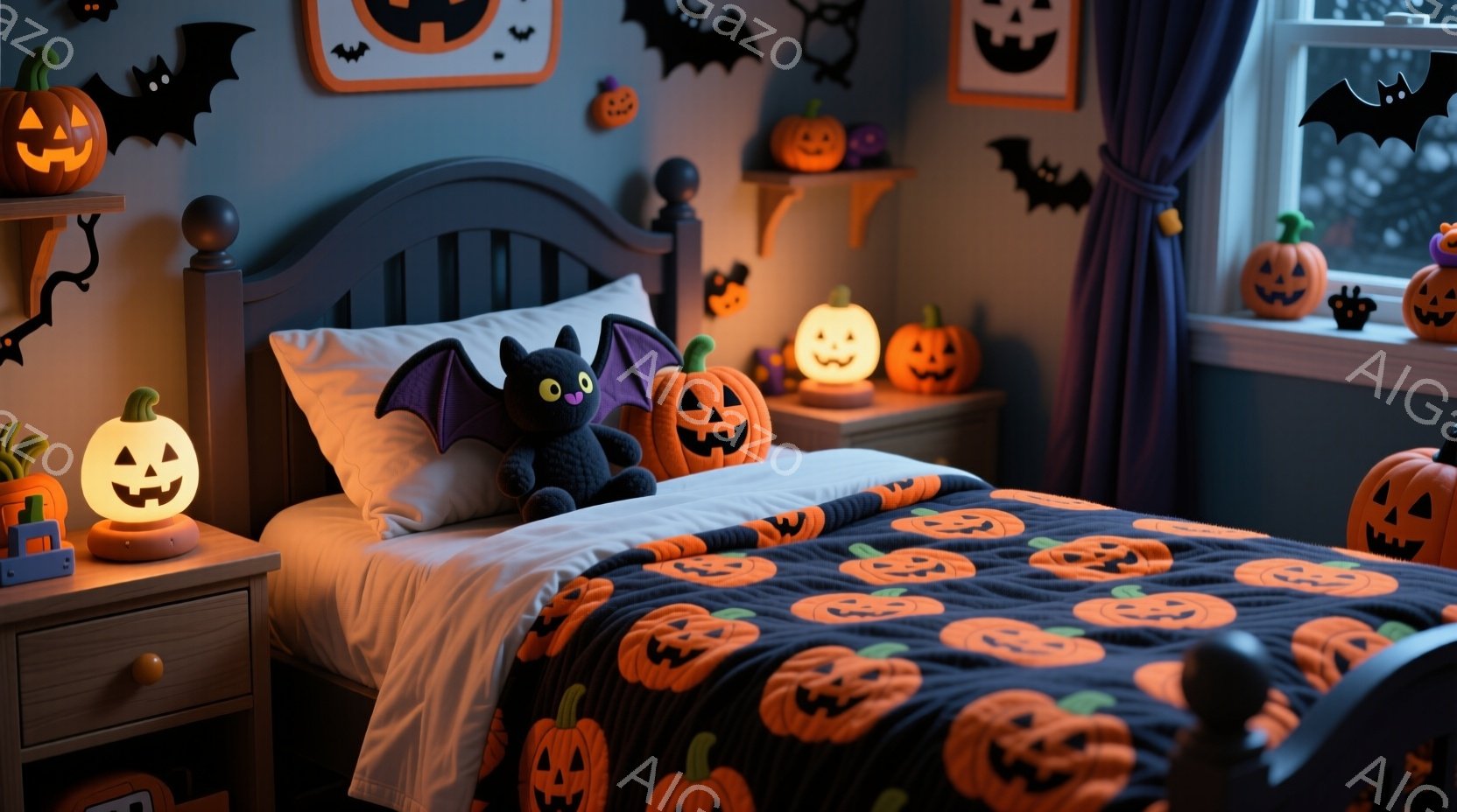 ハロウィーンの装飾が施された子供部屋で、黒い背景にオレンジ色のカボチャ柄のベッドカバーが目を引きます。ベッドの上には黒いコウモリのぬいぐるみ、周りには様々な大きさの光るカボチャランタンが置かれ、夜の雰 - AI生成フリー素材