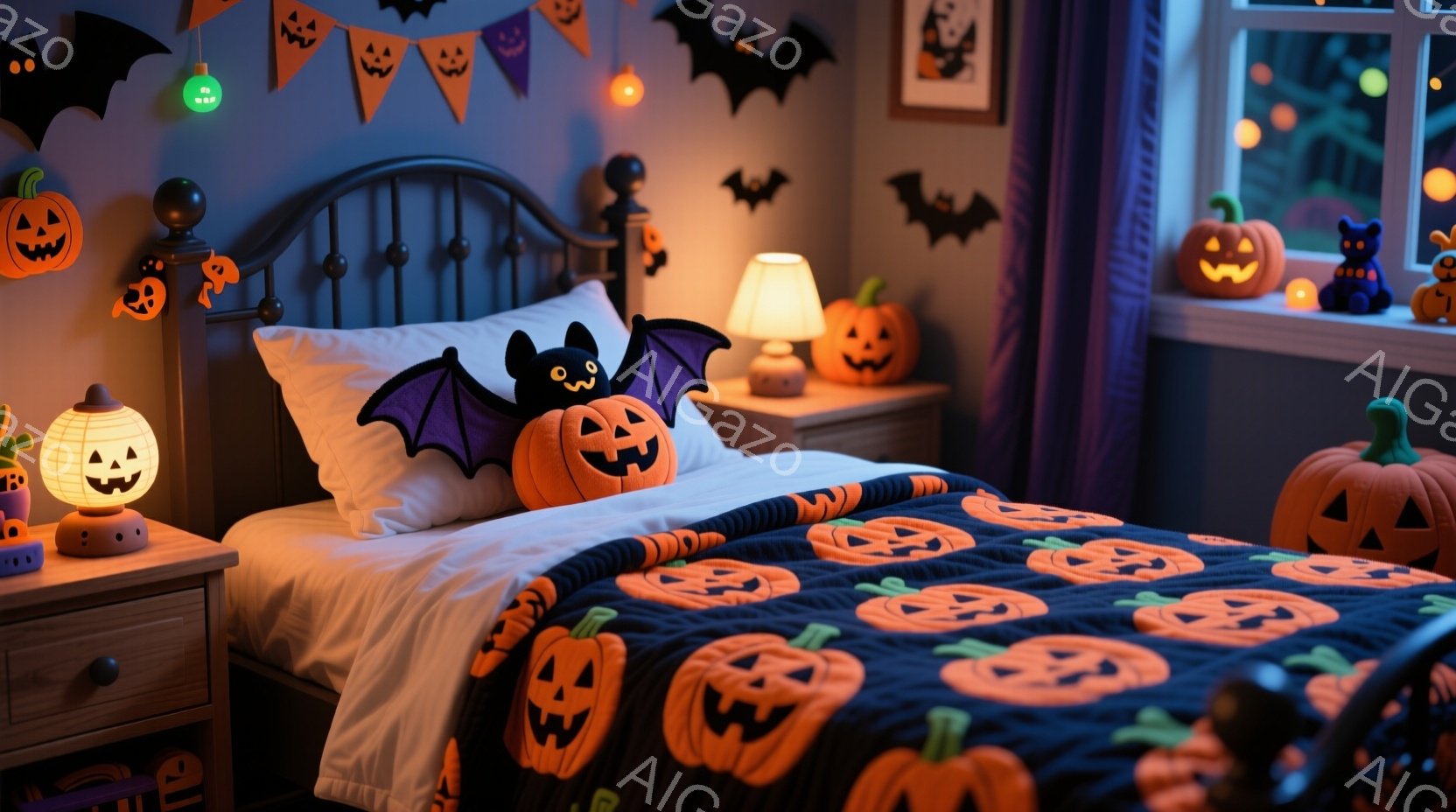 ハロウィーンをテーマにした子供部屋で、オレンジと黒のジャック・オー・ランタン柄のベッドカバーが印象的です。ベッドの頭元には装飾的な金属製のヘッドボードがあり、夜には様々なハロウィーンの装飾品が温かい光を放っています。部屋全体は暖かく、お祝いの雰囲気で満たされています。