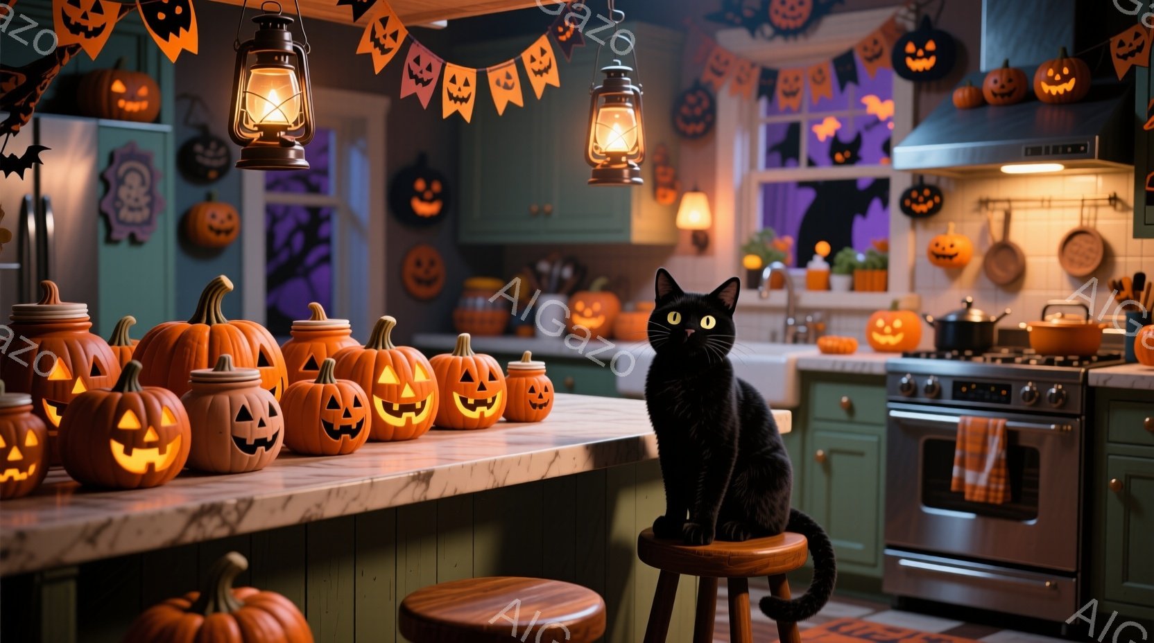 キッチンのカウンターには、さまざまな大きさのたくさんのジャックオーランタンが並べられています。黒い猫が背の高いスツールに座り、こちらをじっと見つめており、ハロウィーンの装飾が施されたキッチン全体が温か - AI生成フリー素材