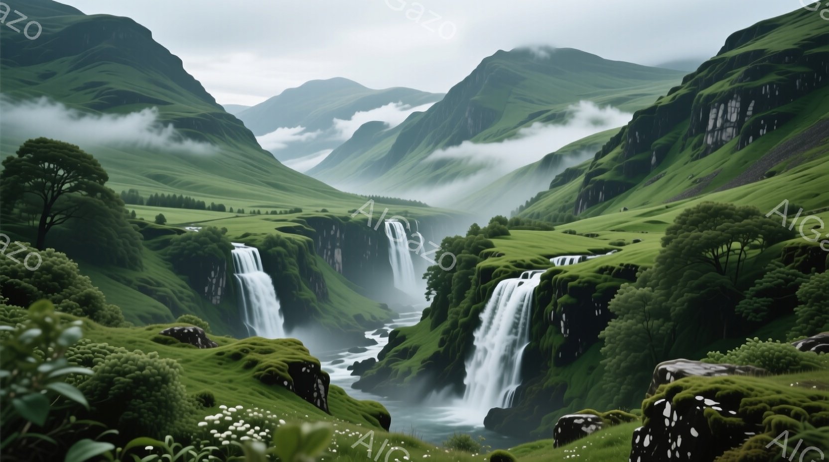 鬱蒼とした緑の山々に囲まれた谷間に、数本の滝が流れ落ちる幻想的な風景が広がっている。霧が立ち込め、神秘的な雰囲気を醸し出し、滝の白い水流が緑の山肌とのコントラストを生み出している。 前景には、白い花が咲き誇る草地があり、自然の美しさが際立っている。