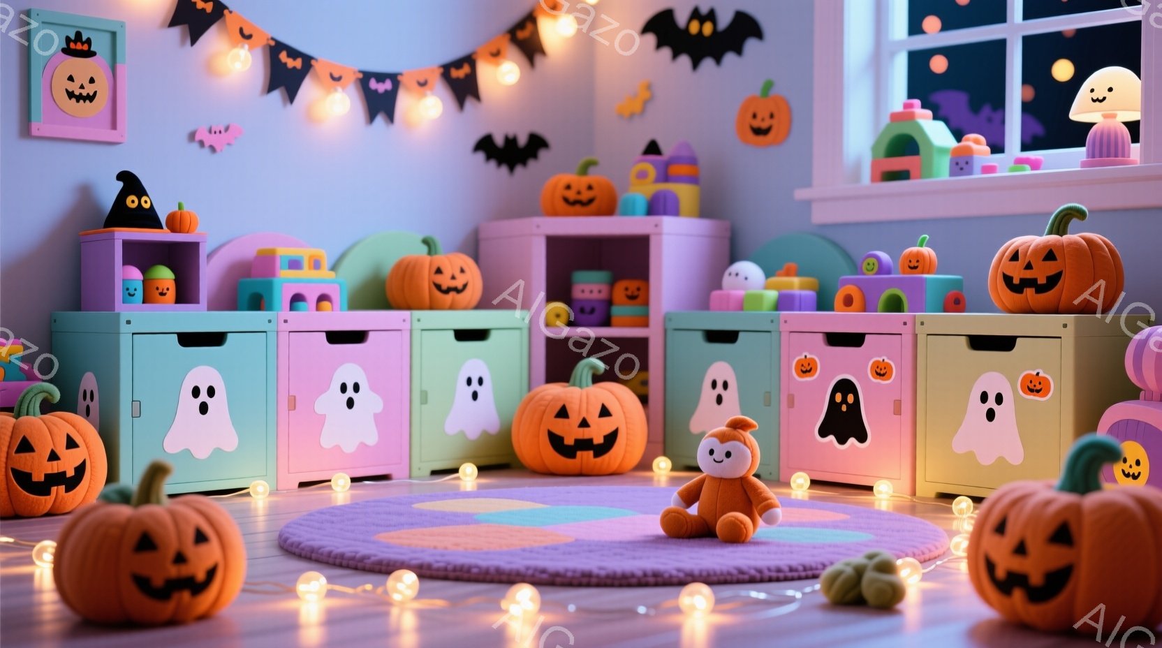 鮮やかなピンクと水色の子供部屋で、ハロウィーンの飾り付けがされています。床にはオレンジ色のカボチャや可愛らしいゴーストの形をした収納ボックスが置かれ、中央には紫色の丸いカーペットが広がっています。壁に - AI生成フリー素材
