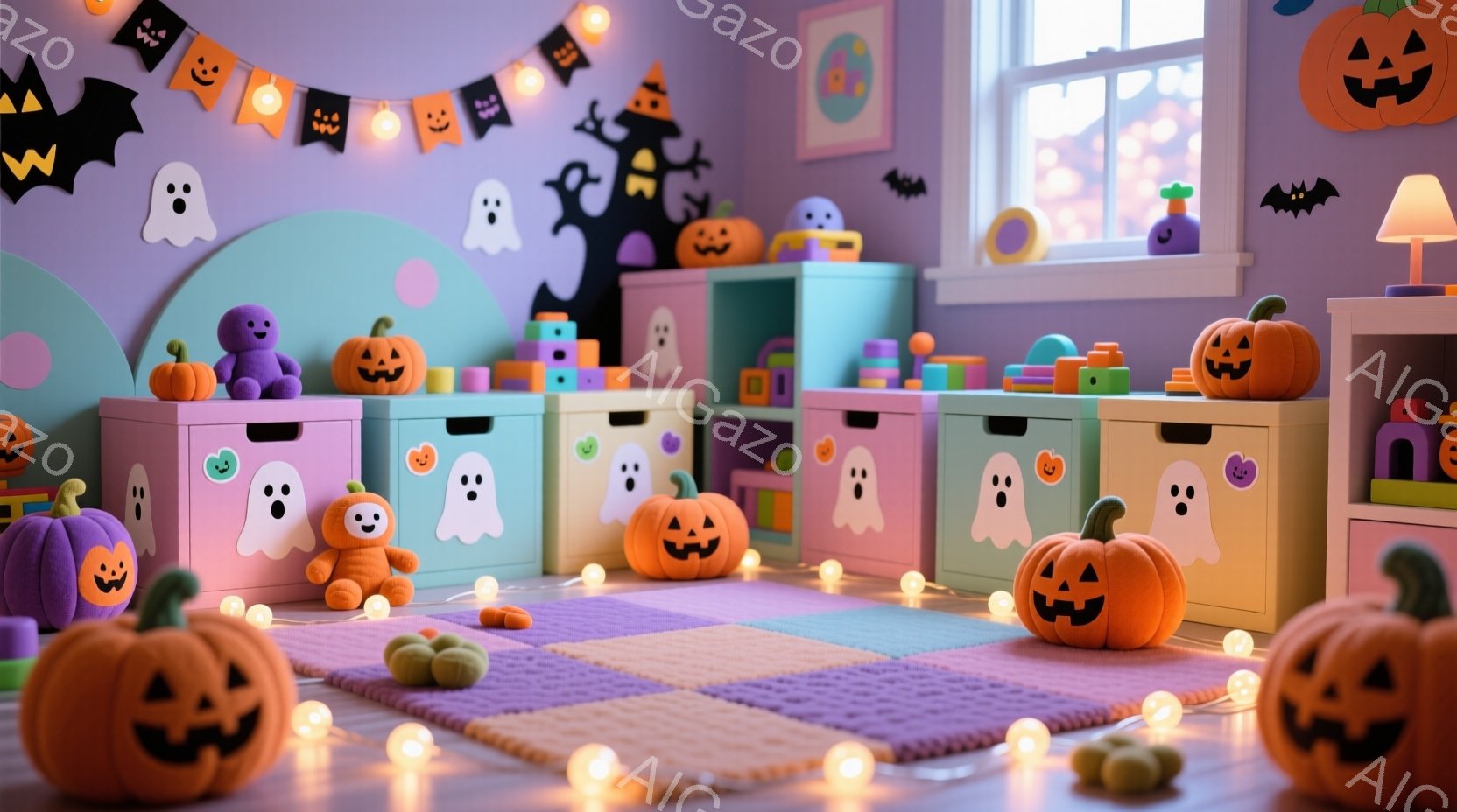 明るい紫色の遊び場には、ハロウィーンの飾り付けがたくさんあります。おもちゃ箱や床には、カボチャ、お化け、その他のハロウィーンのキャラクターのおもちゃが散らばっており、お祝いの雰囲気を醸し出しています。壁には黒いシルエットの木とハロウィーンのガーランドがあり、暖かく楽しい雰囲気を演出しています。