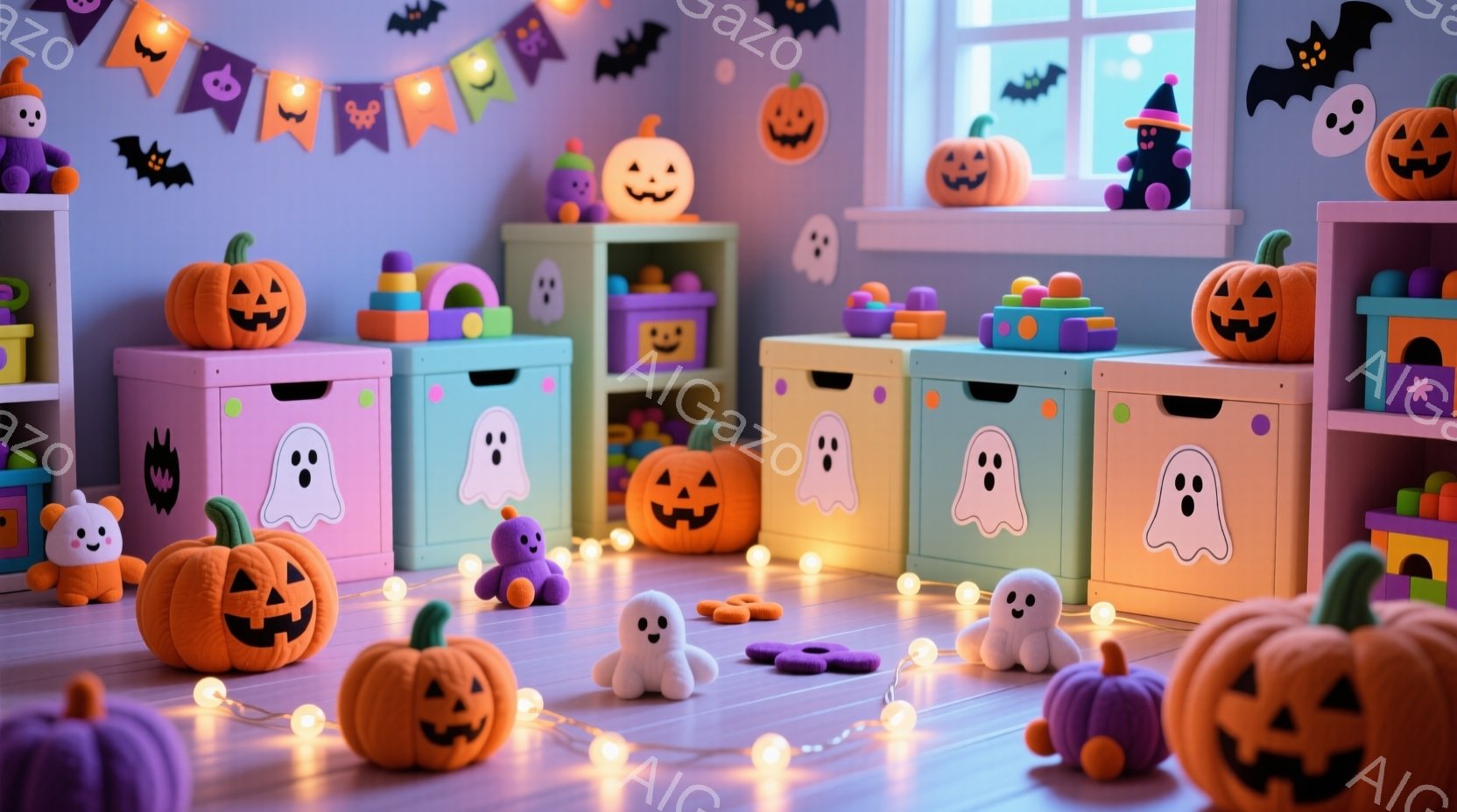 明るいピンクと水色の子供部屋で、ハロウィーンの装飾が散りばめられています。床には、さまざまな大きさのジャック・オ・ランタンと、可愛らしいお化けのぬいぐるみ、紫色のモンスターが置かれ、壁にはコウモリとハ - AI生成フリー素材