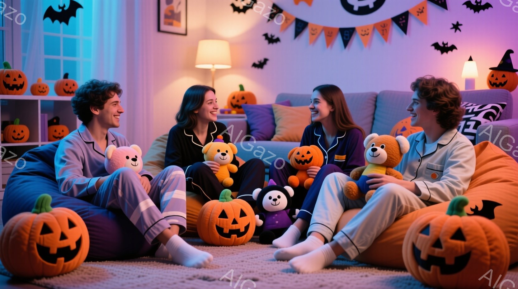 4人の若者がリビングルームに座って楽しんでいます。彼らは皆パジャマを着て、笑顔でリラックスした様子です。背景にはハロウィーンの飾り付けがされ、オレンジ色のカボチャやコウモリのイラストが、楽しいお祝いの - AI生成フリー素材