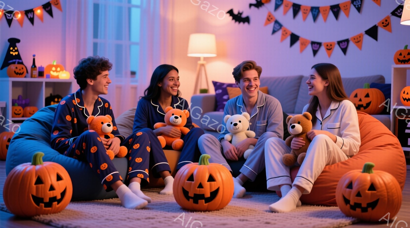 暖炉のある部屋で、ハロウィーンの飾り付けの中に4人の若い男女がくつろいでいる。彼らは皆、オレンジ色のクマのぬいぐるみを抱き、ハロウィーンをテーマにしたパジャマを着て、豆袋の椅子に座って笑顔を見せている。床には、光るハロウィーンのジャック・オー・ランタンが置かれ、背景にはハロウィーンの旗が飾られており、全体的に温かく楽しい雰囲気を醸し出している。