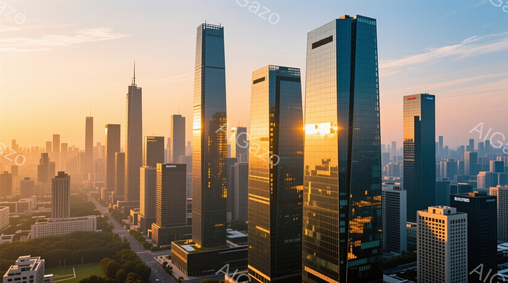 高層ビル群が夕焼けの光を浴びて、ガラス面がオレンジ色に輝いている都市景観です。建物はモダンで洗練されたデザインで、密集しており、遠くには緑地が見られます。空は夕焼けのグラデーションで、全体的に落ち着い - AI生成フリー素材