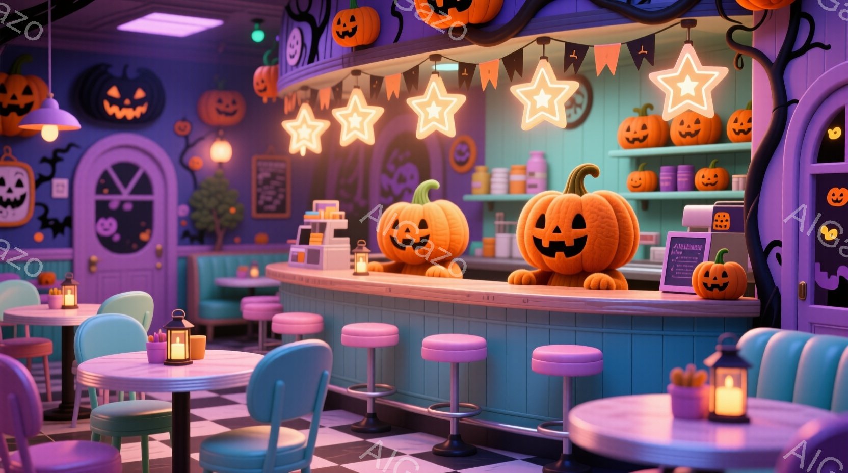 ハロウィーンをテーマにしたダイナーの内部で、紫色のブース席とカウンターが特徴的です。背景にはカボチャのランタンが飾られ、天井には星形のネオンサインが輝き、お祝いの雰囲気を作り出しています。暖かく幻想的な光が、この空間を魅力的なハロウィーンの隠れ家に変えています。