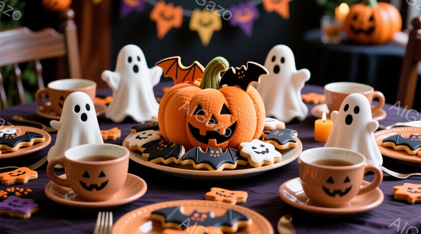 濃い紫色のテーブルクロスの上に、ハロウィーンをテーマにしたお菓子やカップが並べられています。白いお化けの置物、オレンジ色のカボチャの形のクッキー、黒いバットのクッキー、そしてカボチャ柄のカップとソーサ - AI生成フリー素材