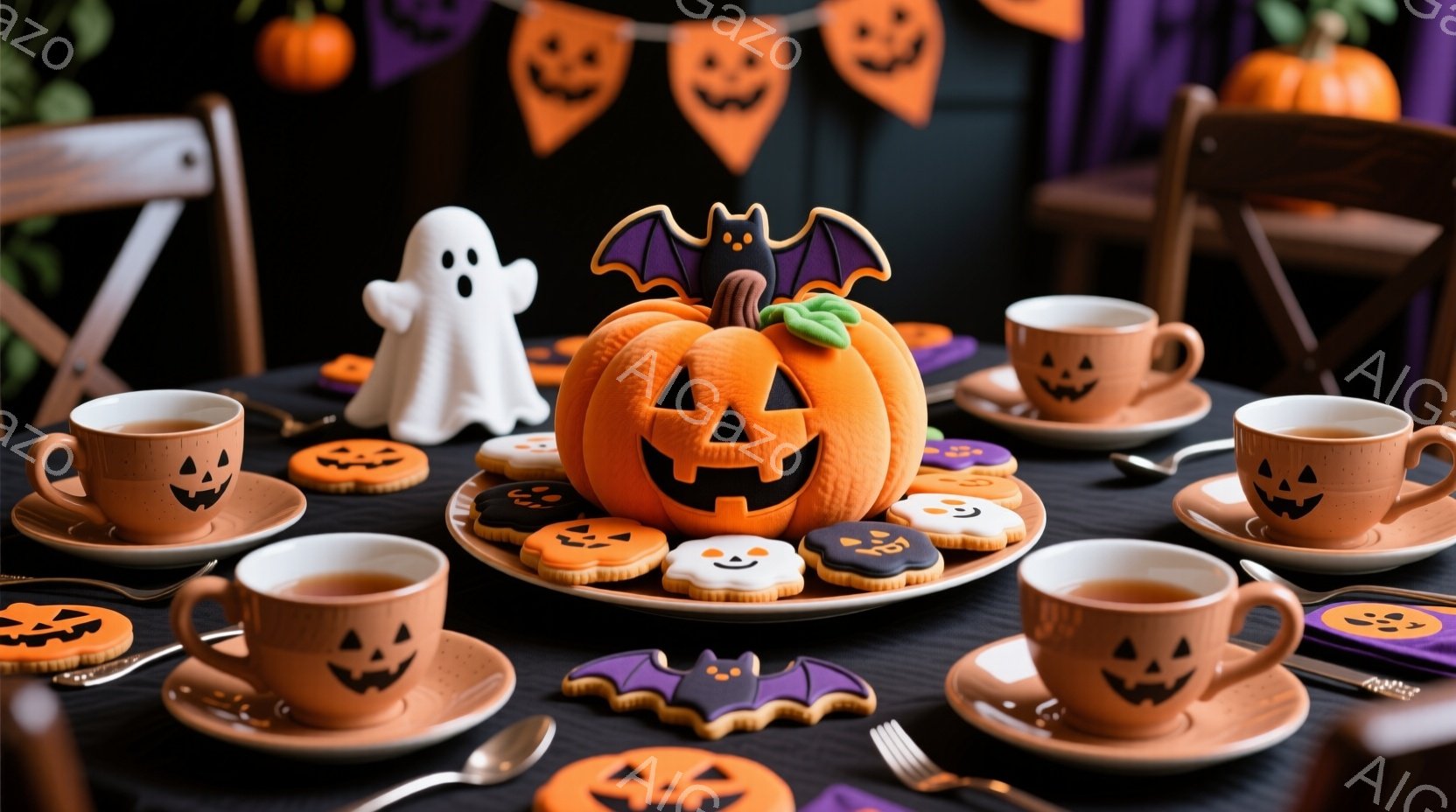 黒いテーブルクロスの上に、ハロウィーンをテーマにしたティーセットとクッキーが並べられています。オレンジ色のカボチャの形をしたティーカップやソーサー、クッキー、そしてカボチャのぬいぐるみやコウモリの飾りなどが配置され、お祝いの雰囲気を醸し出しています。背景には、オレンジ色のカボチャのガーランドが見え、全体的に温かく、可愛らしいハロウィーンのティーパーティーを表現しています。