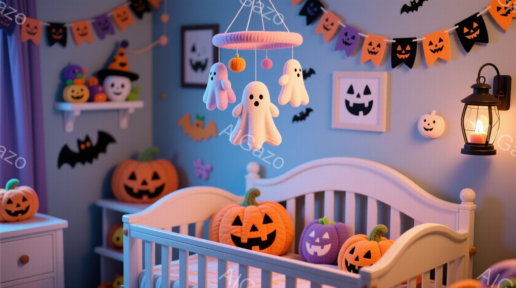 明るい青色の壁が印象的なベビーベッドの部屋で、ハロウィーンの装飾が施されています。ベッドには、さまざまな大きさのジャック・オ・ランタンが置かれ、壁にはお化けやコウモリの切り絵、ハロウィーンの旗が飾られています。全体的に、温かく、お祝いの雰囲気で、幼い子供向けの楽しいハロウィーンの部屋です。