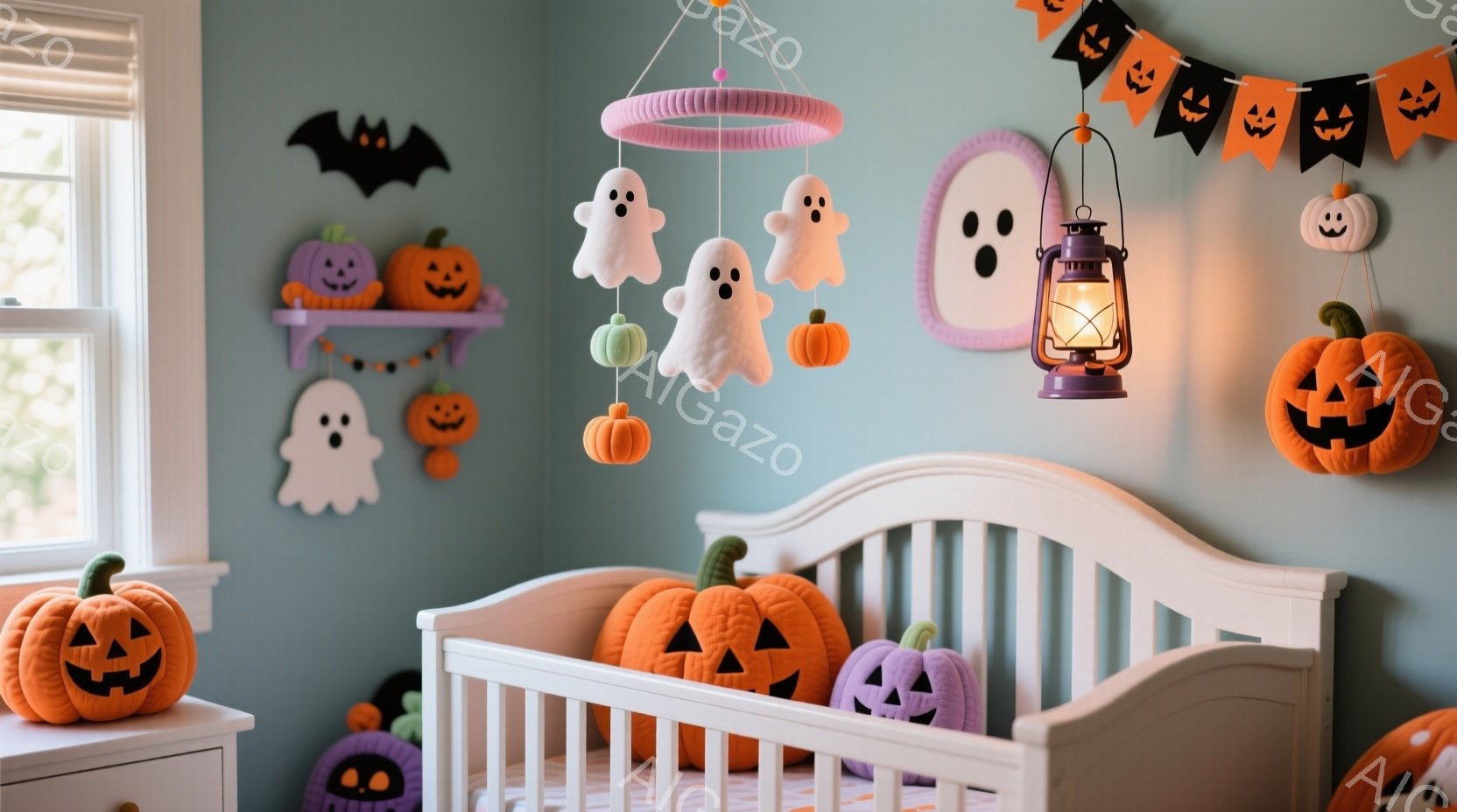 明るい水色の壁が印象的なベビーベッドの部屋です。ベッドの周りには、ハロウィーンをテーマにしたオレンジ色や紫色のカボチャのオーナメント、白いお化けのモビールが飾られています。全体的に温かく、可愛らしい雰囲気で、ハロウィーンの飾り付けが子供部屋を賑やかにしています。