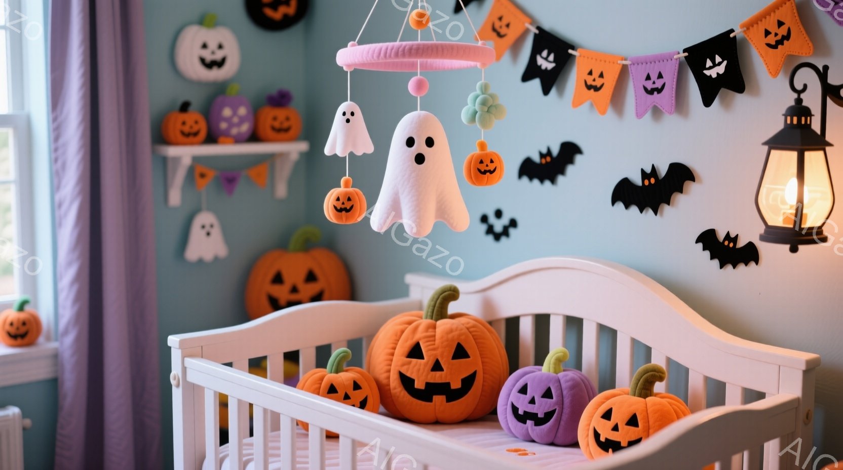 明るい水色の壁が印象的なベビーベッドの室内です。ベッドの上には、ハロウィーンをテーマにしたオレンジと紫のジャック・オー・ランタンのぬいぐるみや、可愛らしいゴーストのモビールが飾られています。壁には、ハロウィーンのバットやガーランドが飾られ、全体的に明るく楽しい雰囲気が漂っています。