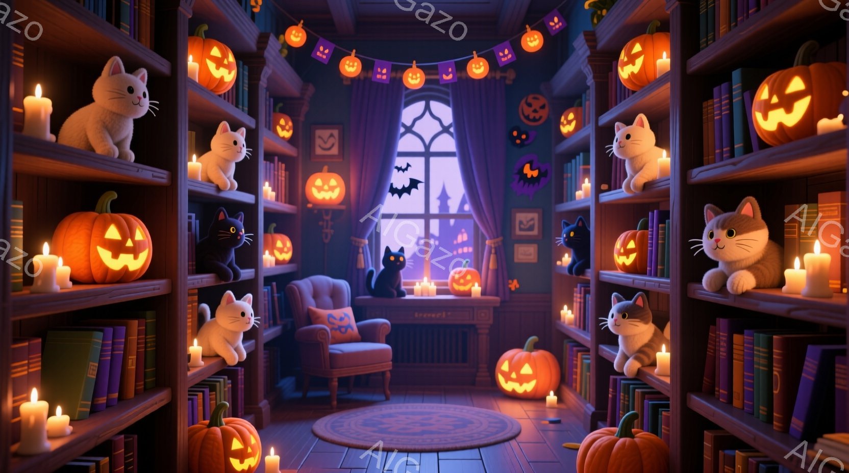 暖炉のある書斎で、ハロウィーンの装飾が施されています。本棚にはカボチャのランタンや猫の置物が並び、窓の外には暗い夜空とシルエットのコウモリが見えます。全体的に暖かく、お祝いの雰囲気で、ハロウィーンの夜 - AI生成フリー素材