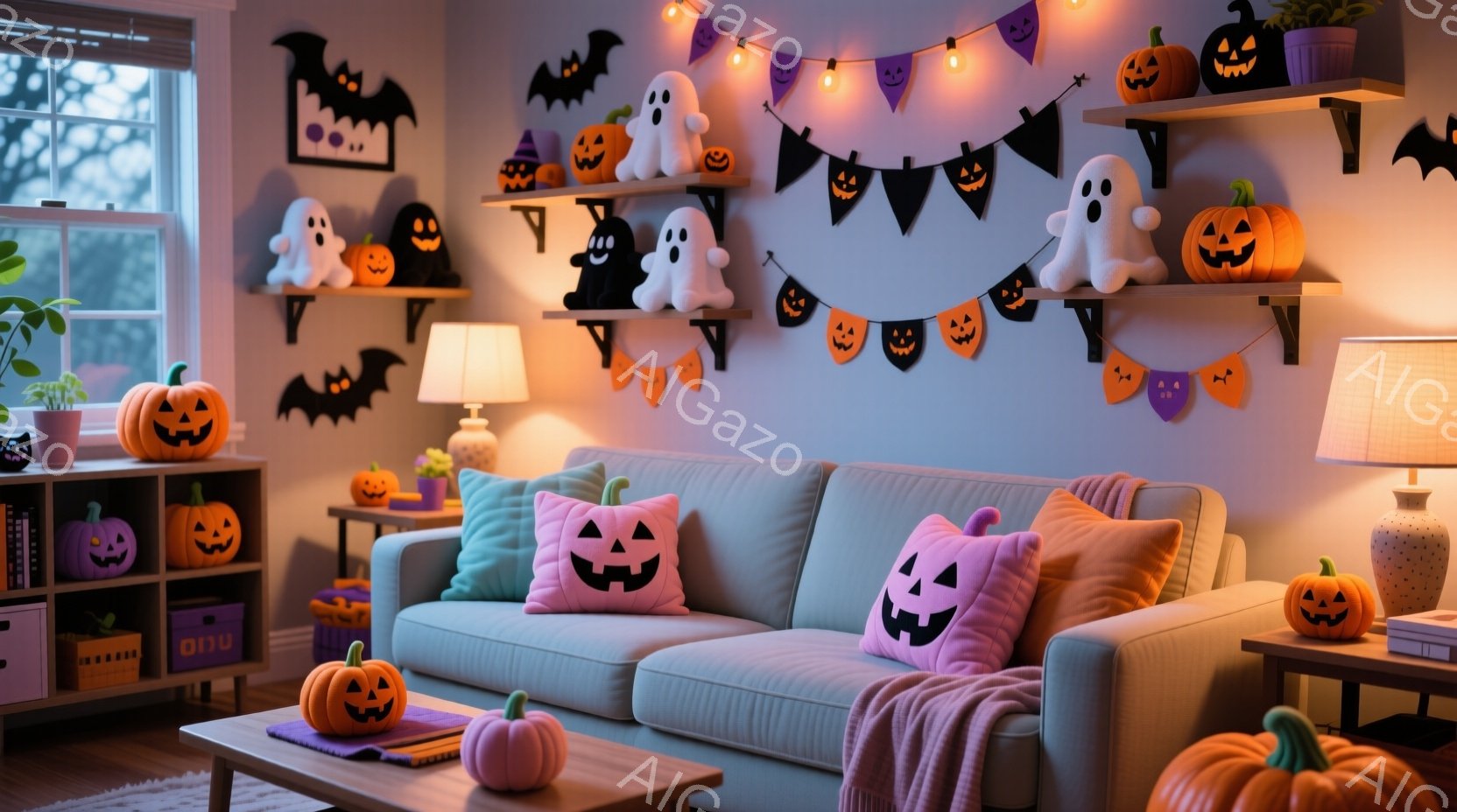 ハローウィーンの装飾が施されたリビングルームで、オレンジと白のカラフルなカボチャやゴーストの置物が至る所に飾られています。明るいピンクのクッションや毛布がソファに置かれ、暖かく心地よい雰囲気を醸し出しています。壁にはコウモリやカボチャのガーランドが飾られ、ハロウィーンの楽しい雰囲気が漂っています。
