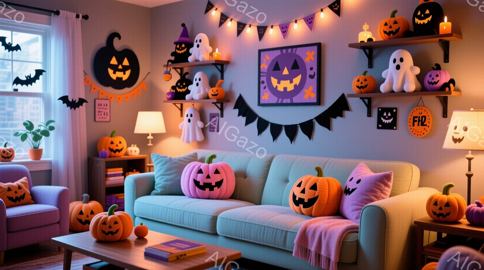 ハロウィーンの装飾が施された居間です。明るい水色のソファには、かぼちゃのクッションや紫色のブランケットが置かれ、周りには様々な大きさのかぼちゃのランタンが飾られています。壁にはハロウィーンをテーマにし - AI生成フリー素材