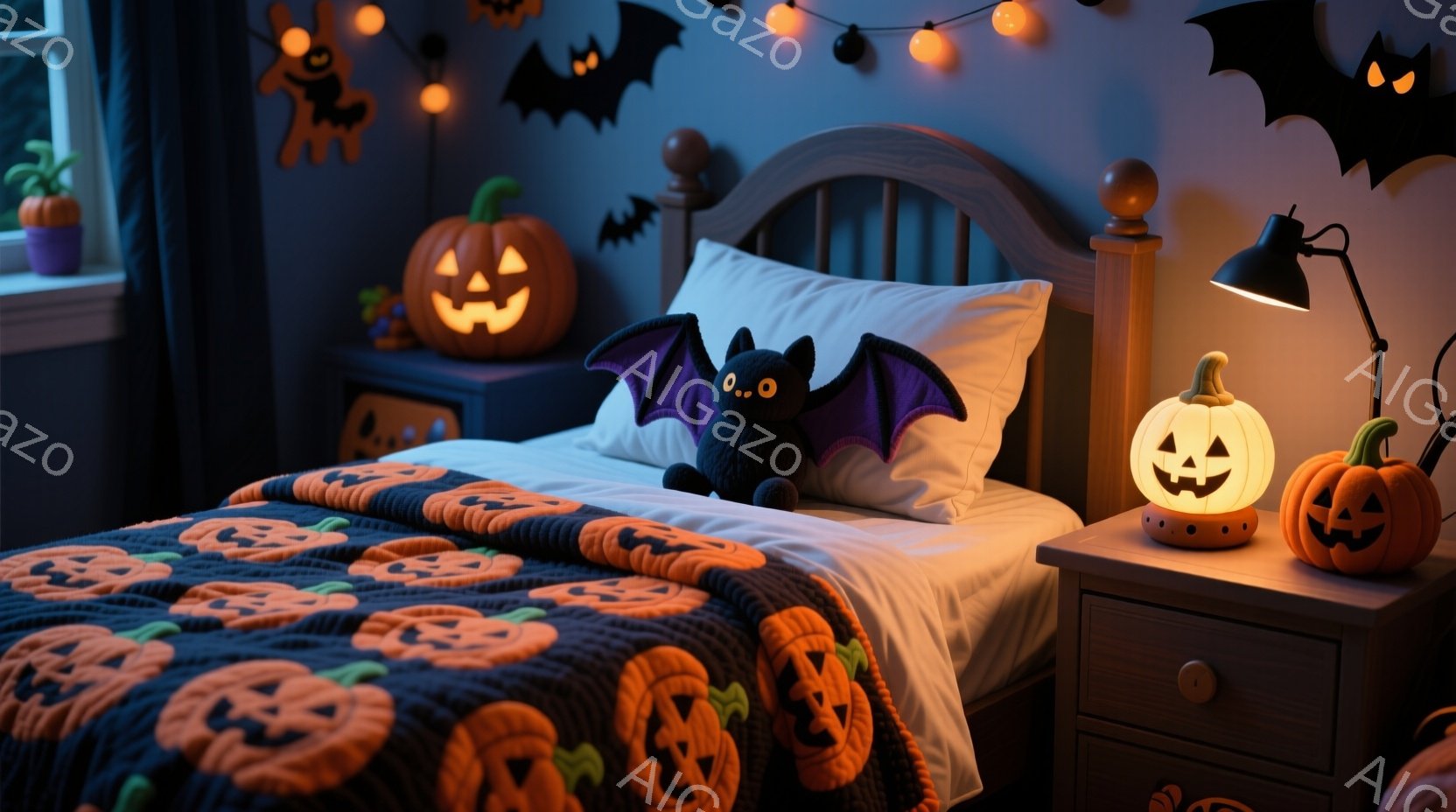 ハロウィーンの装飾が施された寝室で、ベッドの上には黒いコウモリのぬいぐるみが置かれています。ベッドサイドテーブルには、オレンジ色の光を放つハロウィーンのランタンが2つ置かれ、壁にはコウモリやカボチャの - AI生成フリー素材