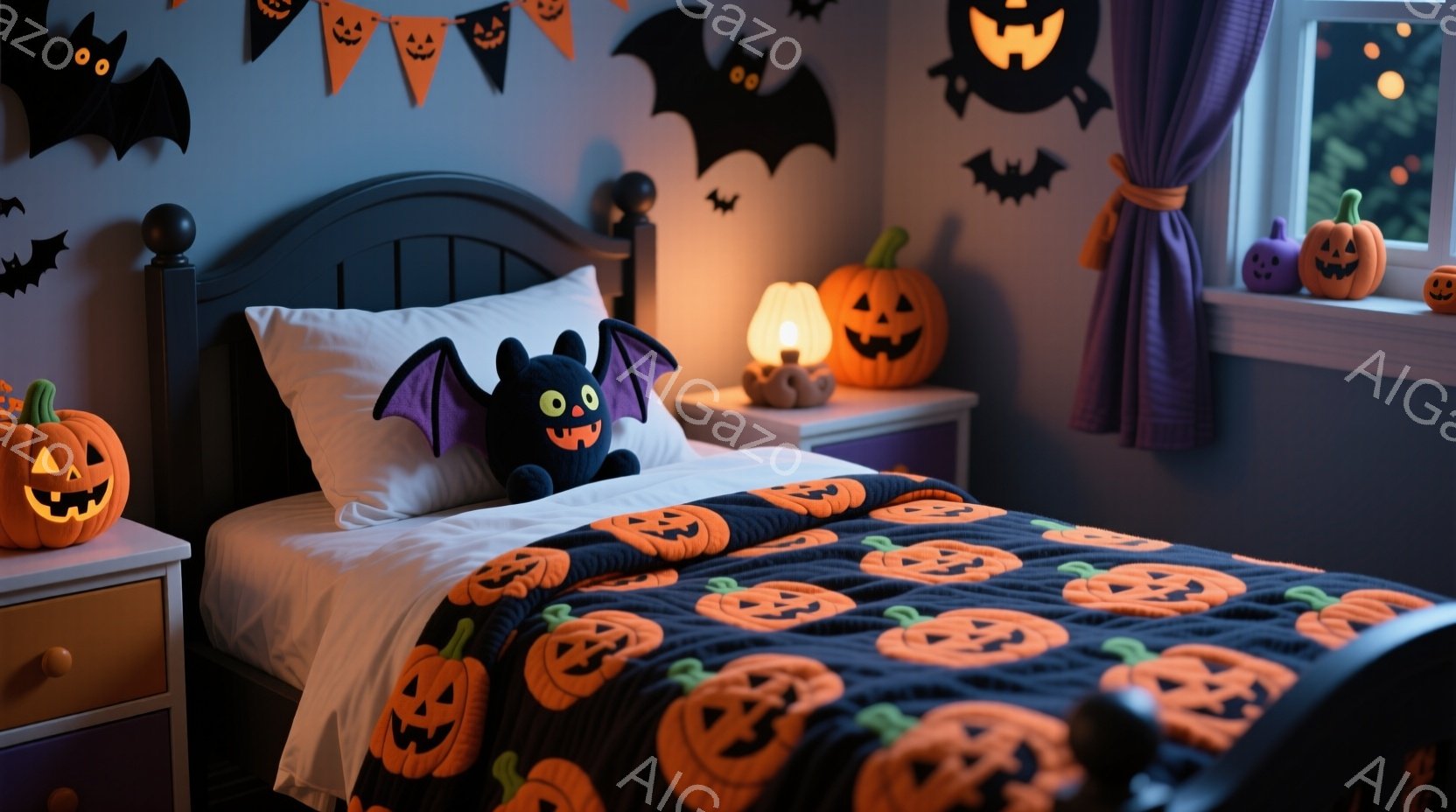 ハロウィーンをテーマにした子供部屋で、黒いベッドにオレンジ色のカボチャ柄のベッドカバーが掛けられています。ベッドの上には、つぶらな瞳の黒いコウモリのぬいぐるみが置かれ、サイドテーブルの上にはカボチャの - AI生成フリー素材