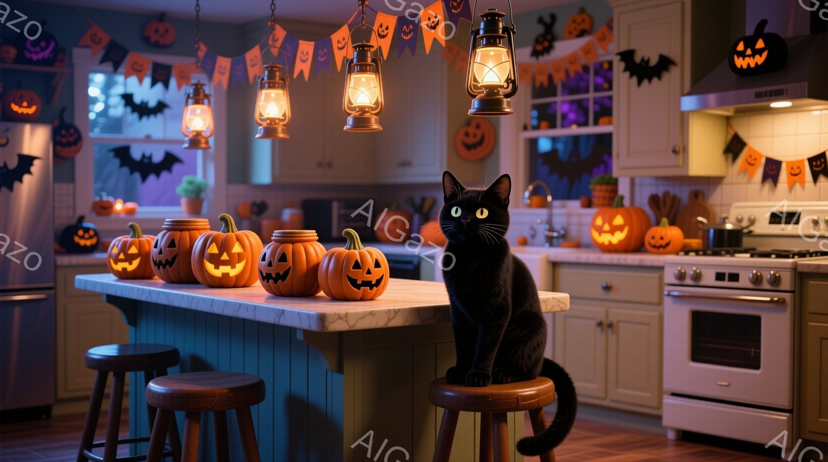 黒猫がキッチンのカウンターに座り、ハロウィーンの装飾が施された空間を見渡しています。カウンターには、様々な大きさのジャック・オー・ランタンが並び、天井からはハロウィーンをテーマにしたガーランドやコウモ - AI生成フリー素材