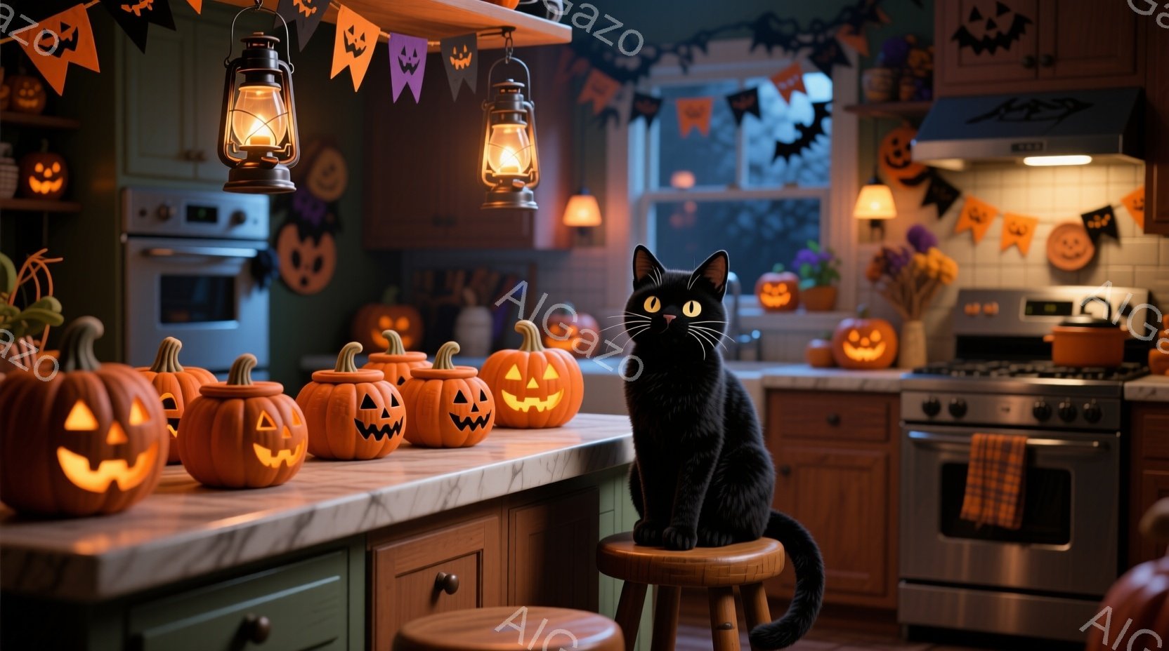 キッチンカウンターの上に、ジャック・オー・ランタンが並び、その上に黒猫が椅子に座って凛々しく見つめています。背景にはハロウィーンの飾り付けが施され、オレンジと紫の照明が暖かく、お祝いムードを醸し出して - AI生成フリー素材