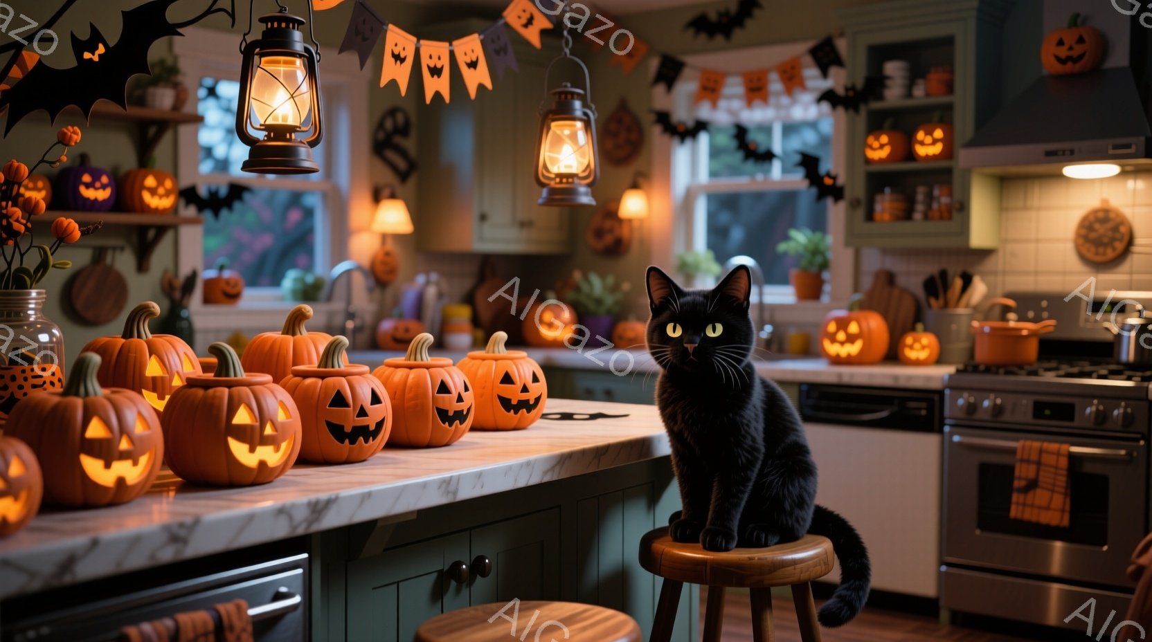 キッチンのカウンターには、様々な大きさのジャック・オー・ランタンが並べられ、ハロウィンの雰囲気を醸し出しています。黒い猫がスツールに座ってこちらを見ており、その視線はどこか楽しげで、ハロウィンの夜を待 - AI生成フリー素材